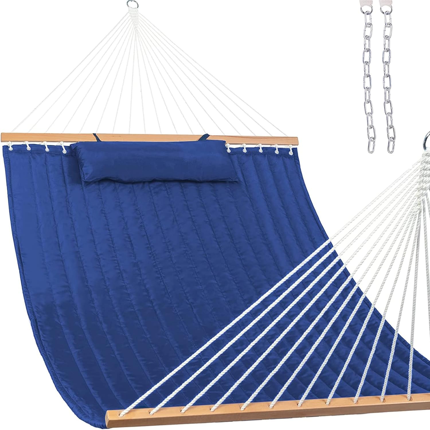 Lazy Daze Hammocks 12 FT Double Quilted Fabric Hammock with Spreader Bar and Detachable Pillow, 450lbs Weight Capacity, Navy Blu
