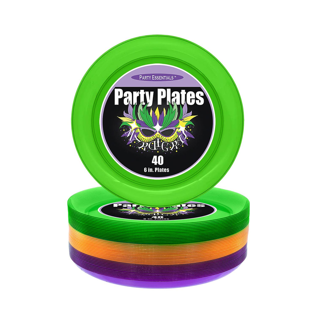 Party Essentials Hard Plastic 40 Count Round Party/Dessert Plates, 6-Inch, Mardi Gras Mix, Green/ Purple/ Yellow