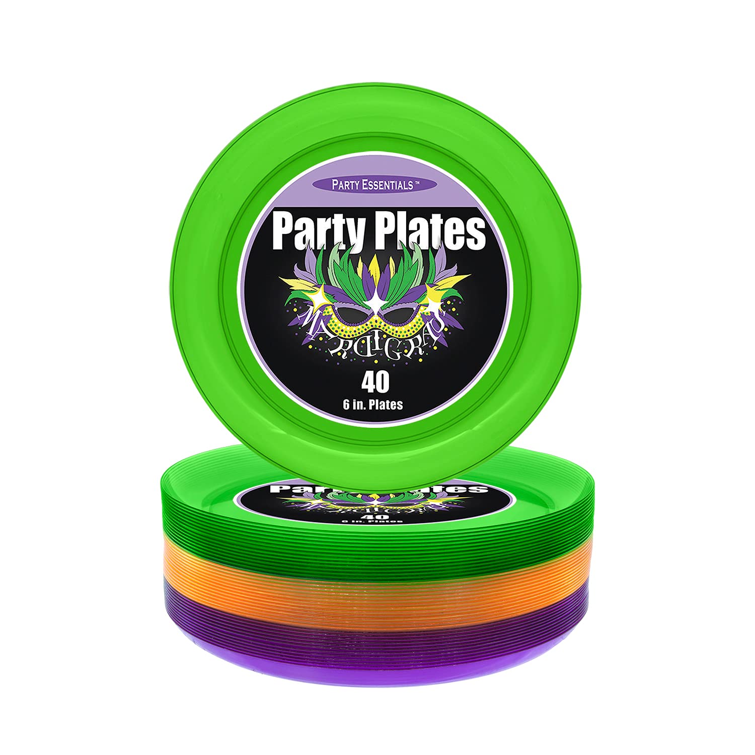 Party Essentials Hard Plastic 40 Count Round Party/Dessert Plates, 6-Inch, Mardi Gras Mix, Green/ Purple/ Yellow