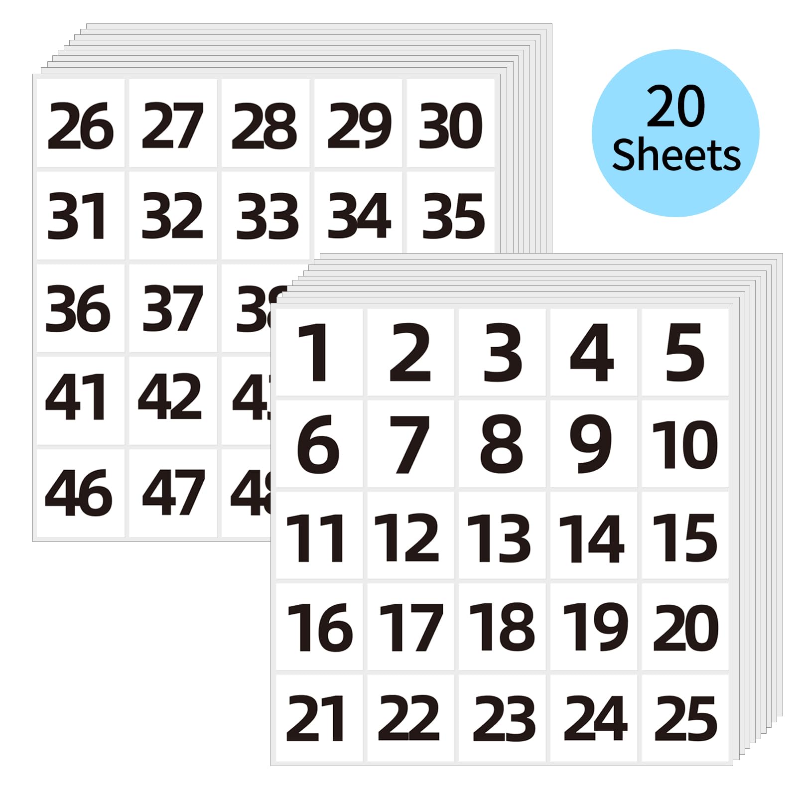 Starliboo White Consecutive Number Stickers 1-50, 1.5 Inch Square Self Adhesive Numbered Label Stickers For Inventory, Storage,