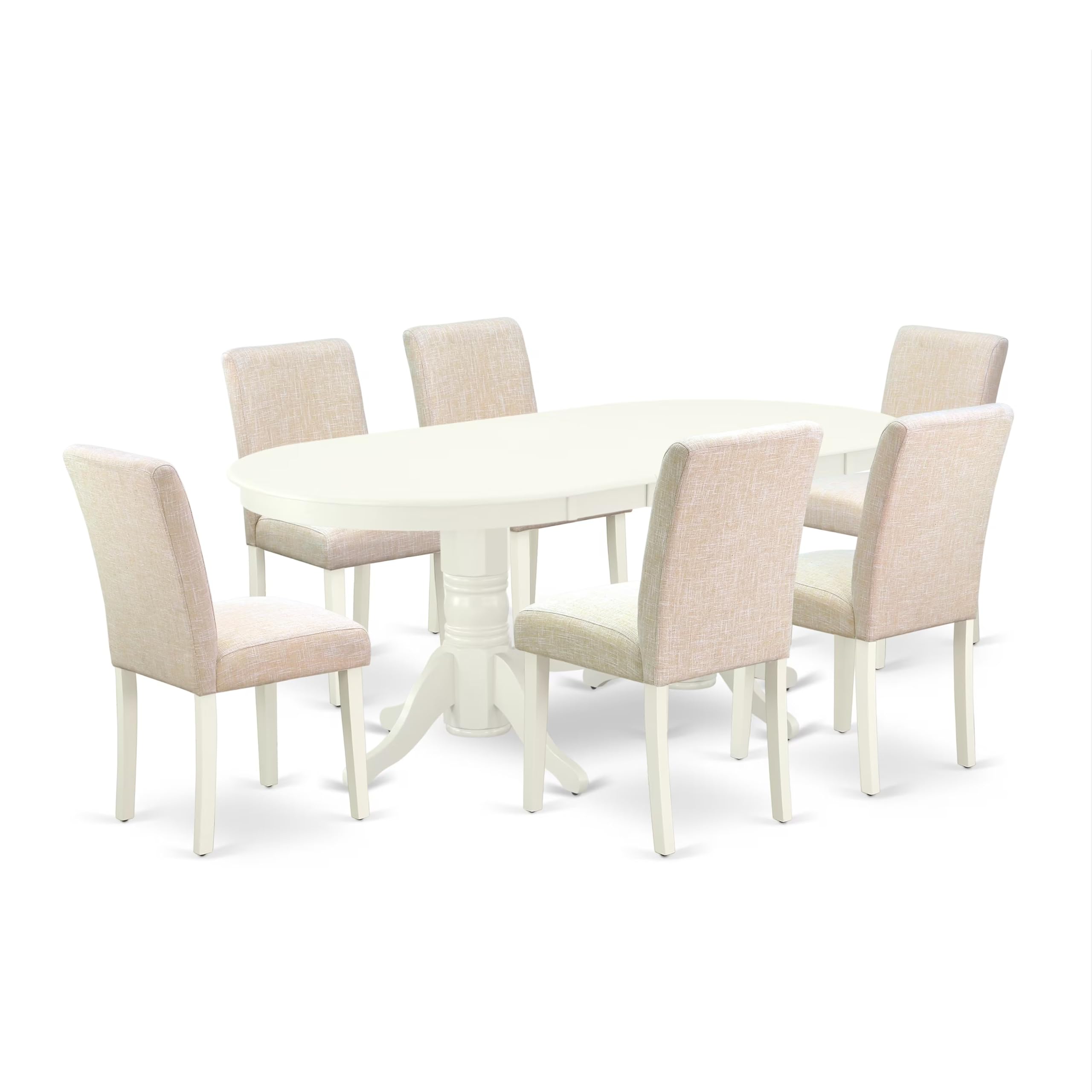 East West Furniture Vaab7-Lwh-02 7 Piece Modern Dining Table Set Consist Of An Oval Wooden Table With Butterfly Leaf And 6 Light Beige Linen Fabric Parsons Chairs, 40X76 Inch, Linen White