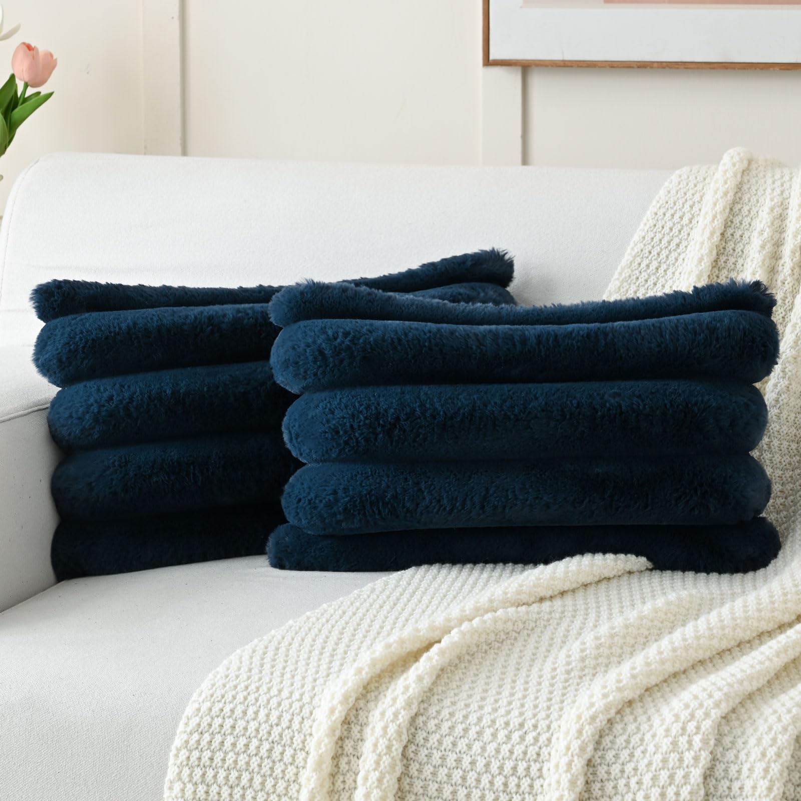 Futei Navy Blue Decorative Throw Pillow Covers 12X20 Inch Set Of 2, Square Soft Faux Rabbit Fur Big Striped Cushion Cover,Home D