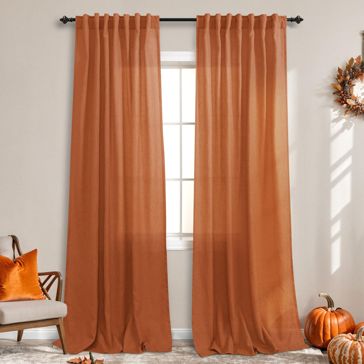 Koufall Retro Curtains 70S For Bedroom,Sheer Funky Curtains For Living Room,90 Inches Long,Burnt Orange