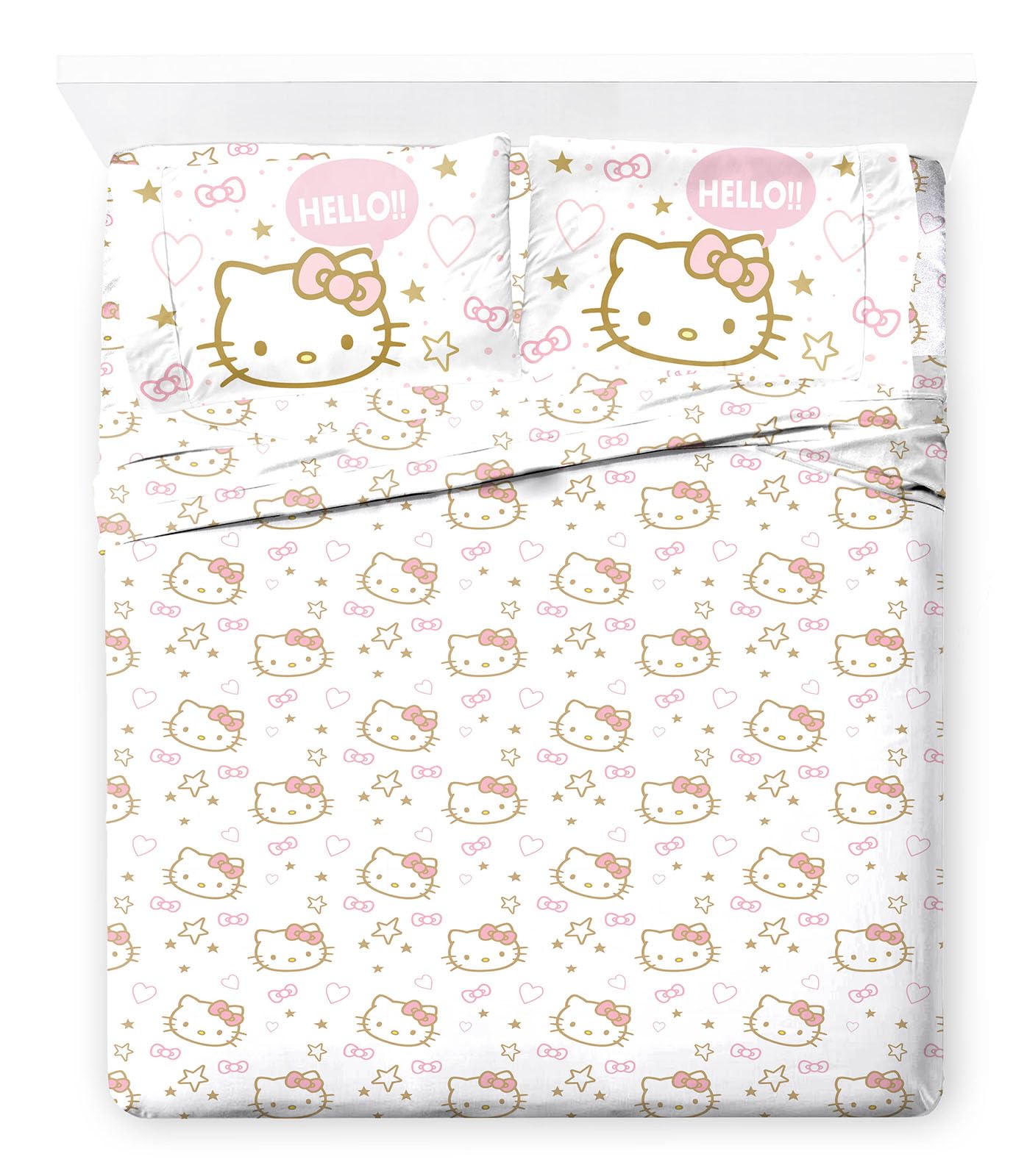 Jay Franco Hello Kitty Full Size Sheet Set - Super Soft 4 Piece Stars & Hearts Bedding Set - Microfiber Sheets Includes Reversib
