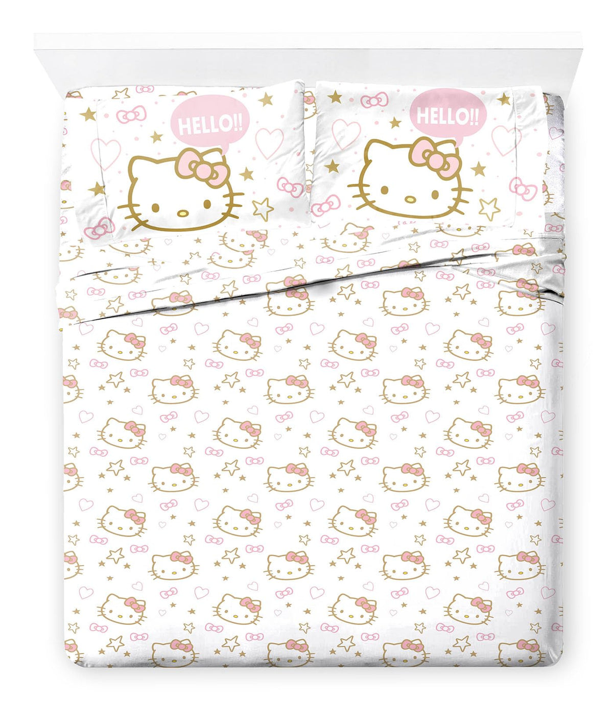 Jay Franco Hello Kitty Queen Size Sheet Set - Super Soft 4 Piece Stars & Hearts Bedding Set - Microfiber Sheets Includes Reversi