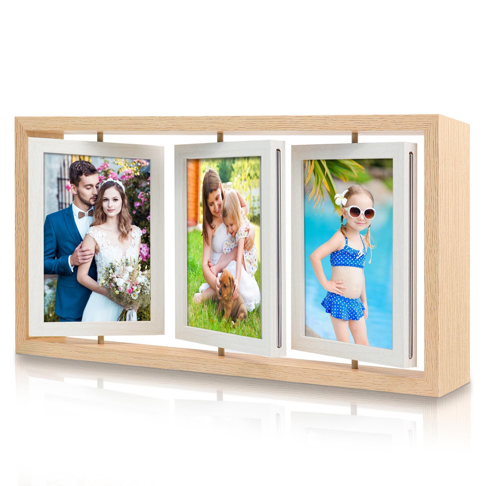 ZEEYUAN 4x6 Rotating Picture Frame Rustic Double Side Family Photo Frame, 4x6 Floating Wooden Picture Frame Vertical Collage Pho