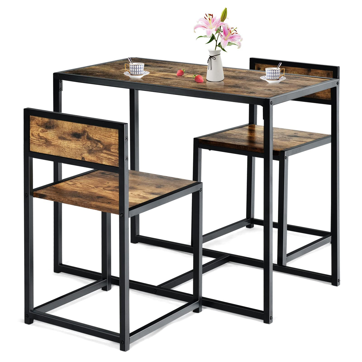 Tangzon 3-Piece Dining Table Set, Metal Frame Kitchen Table And 2 Chairs With Non-Slip Foot Pads, Space Saving Breakfast Bar Table Chairs Sets For Home, Kitchen, Living Room & Restaurant (Antique)