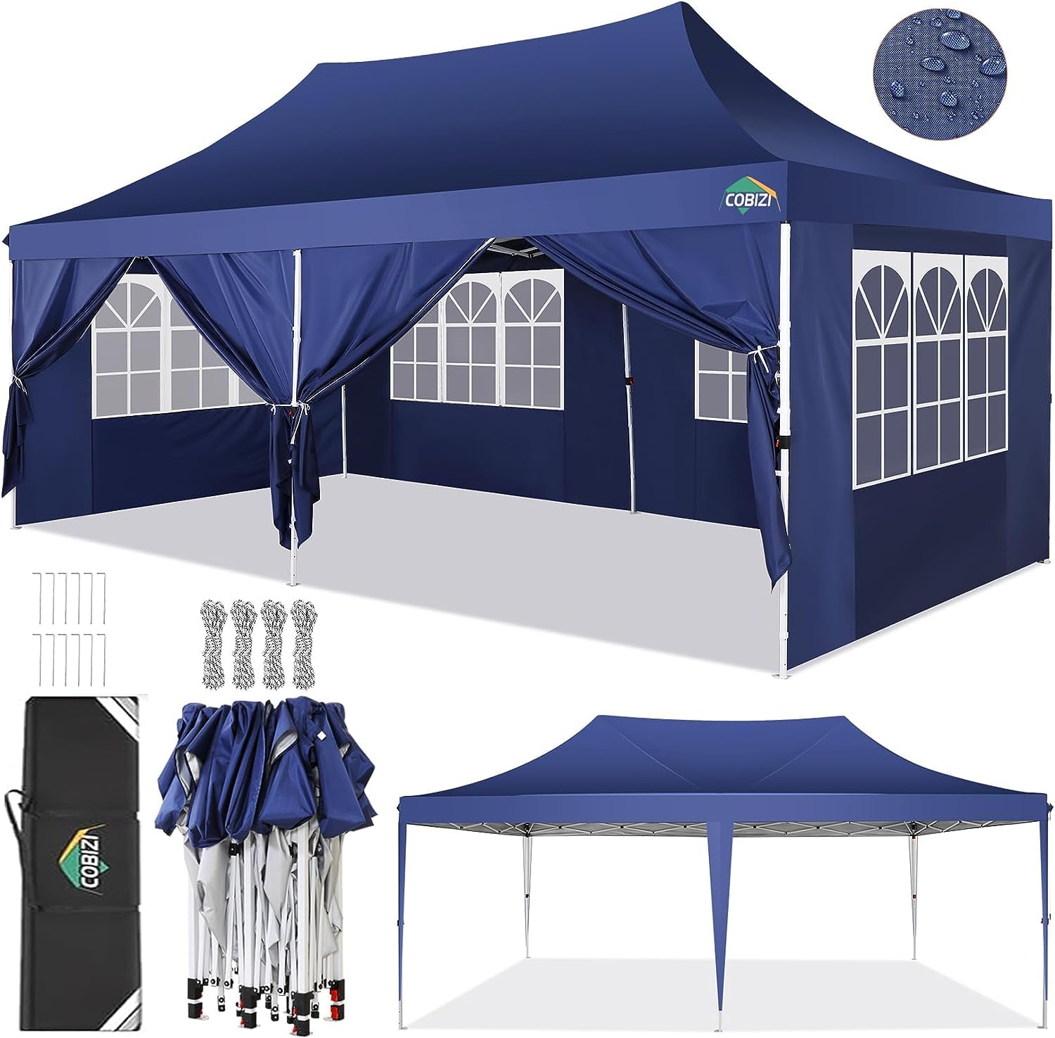 COBIZI 10x20 Pop up Canopy Tent with 6 Sidewalls, Easy Set up Canopy Tents Gazebos for Parties with Metal Frame, Waterproof & UV