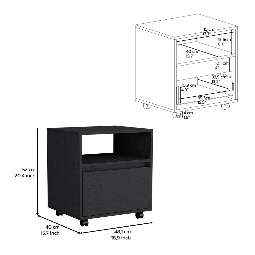 Nightstand 20" H, with 1 Open Shelf, 1 Drawer and Casters, Black