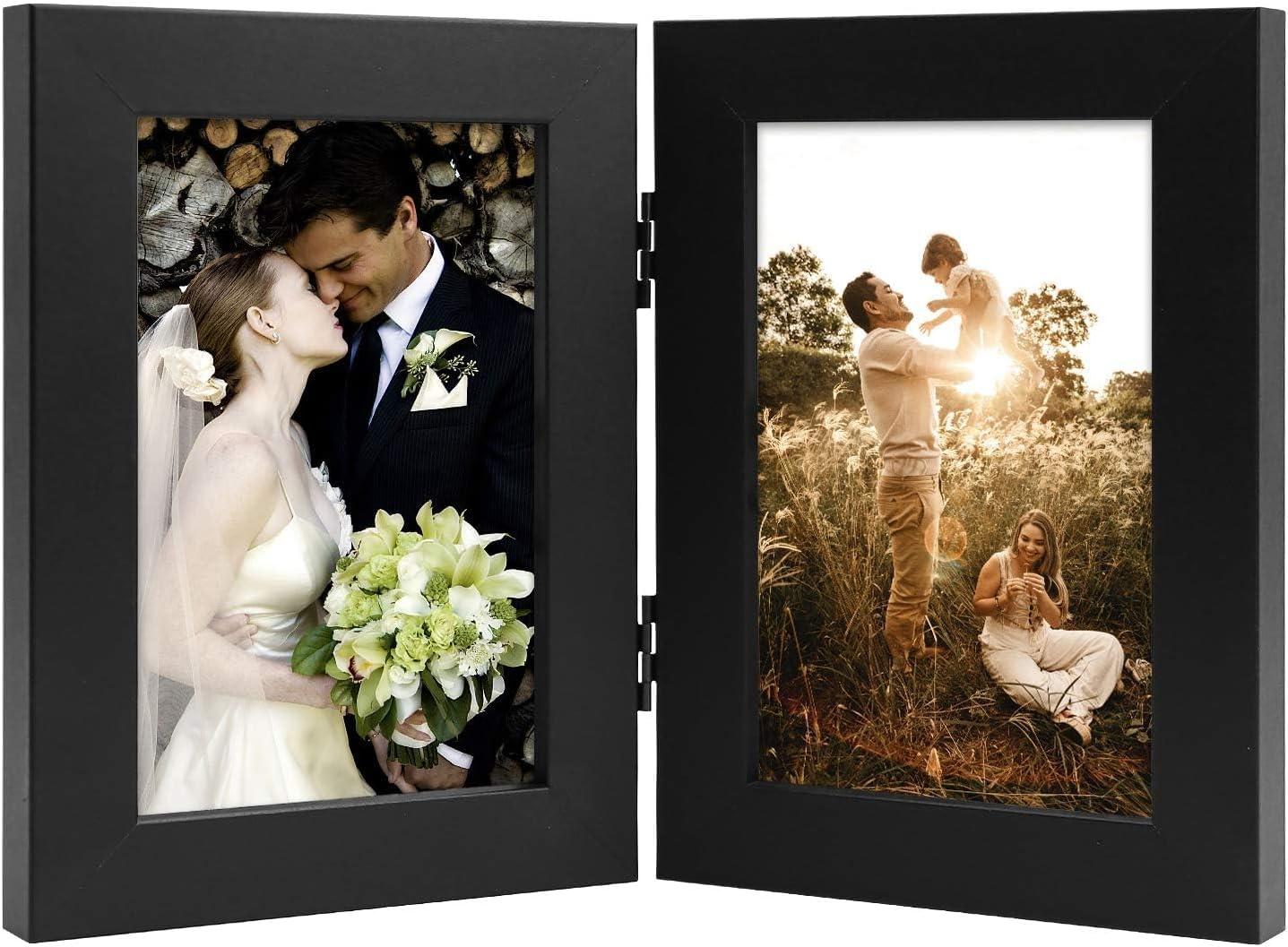 Golden State Art, 4x6 Double Picture Frame Vertical Hinged Photo Frame 2 Opening Folding Family Frames Collage, with Real Glass 
