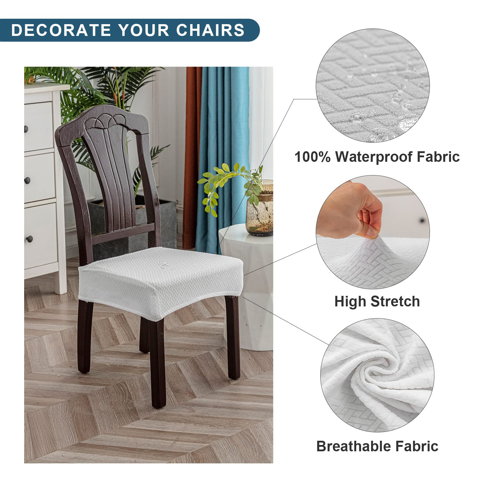 Genina Waterproof Seat Covers For Dining Room Chair Covers Waterproof Dining Chair Covers (4 Pcs-Rear-Gapped, White)