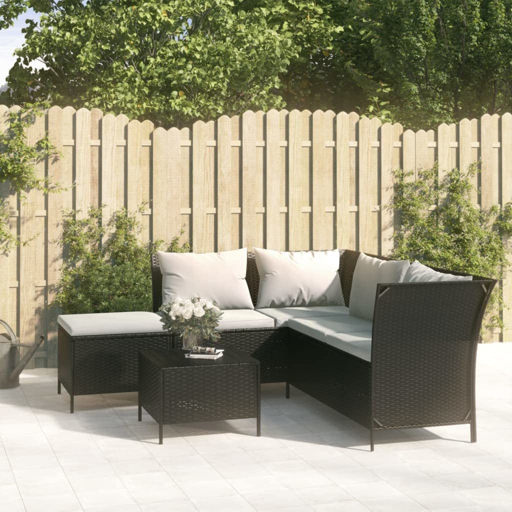 vidaXL Black Poly Rattan & Powder-Coated Steel Patio Lounge Set - 4 Piece Outdoor Furniture Set with Cushions and Storage