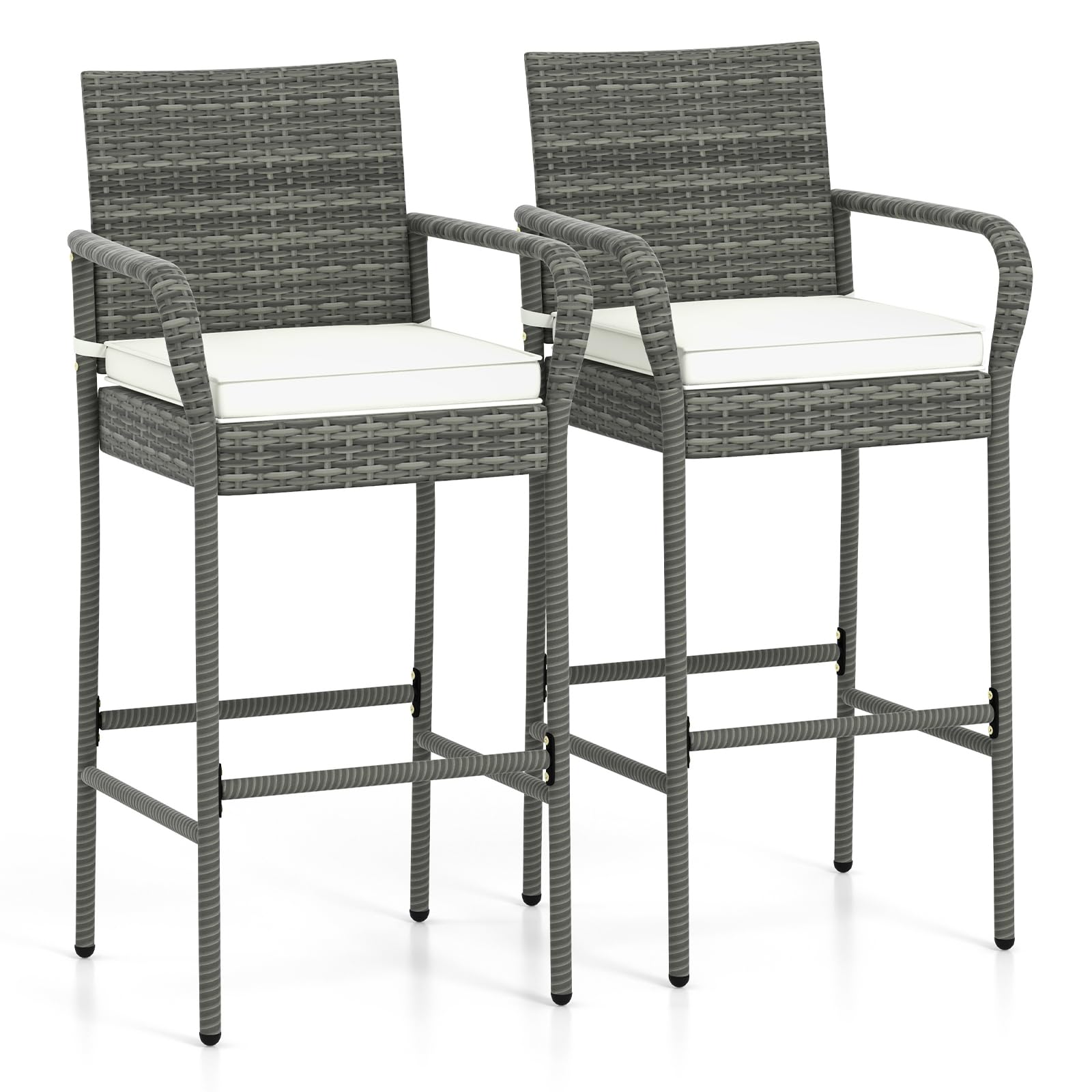 Happygrill Rattan Bar Chairs Set Of 2, Outdoor Pe Rattan Bar Stools With Armrests & Seat Cushions, Patio Pe Wicker Bar Chairs With 30 Inch Seat Height & 400 Lbs Load Capacity For Porch Backyard