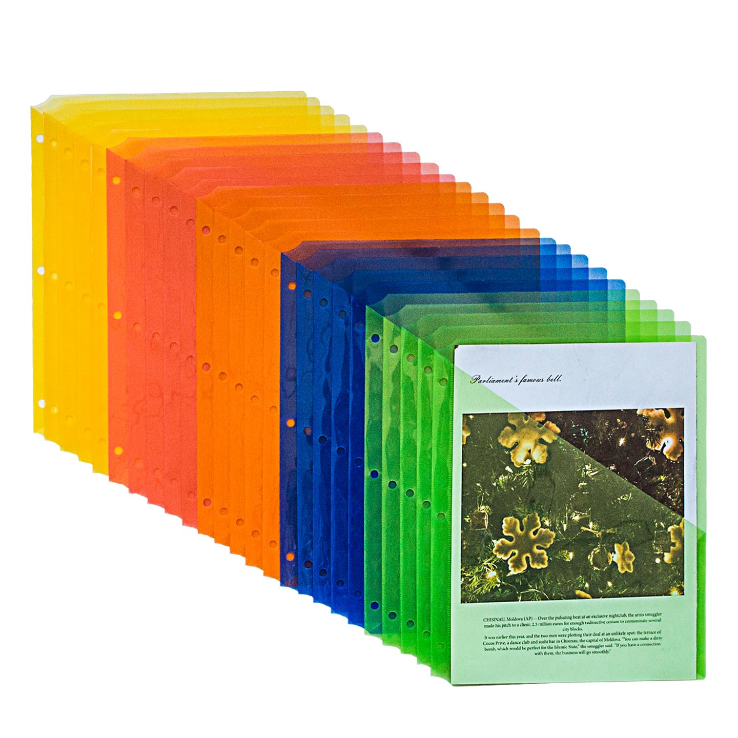Seashell 25 Pack Poly Translucent Slash File Jacket,3 Hole Punch Binder Organizer Pockets,Letter Size, Assorted Colors,Plastic B