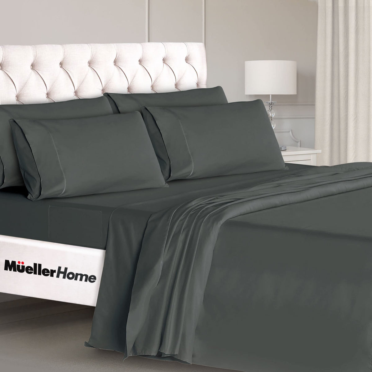 Mueller Ultratemp King Size Sheets Set, Super Soft 1800, 6 Piece, Deep Pocket Up To 16' Cooling Sheets King Size, Transfers Hea