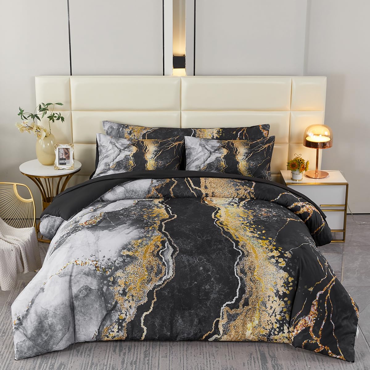 Perfemet California King 6 Piece Bed In A Bag Black Watercolor Marble Printed Bedding Comforter With Sheets Colorful Stylish Ret