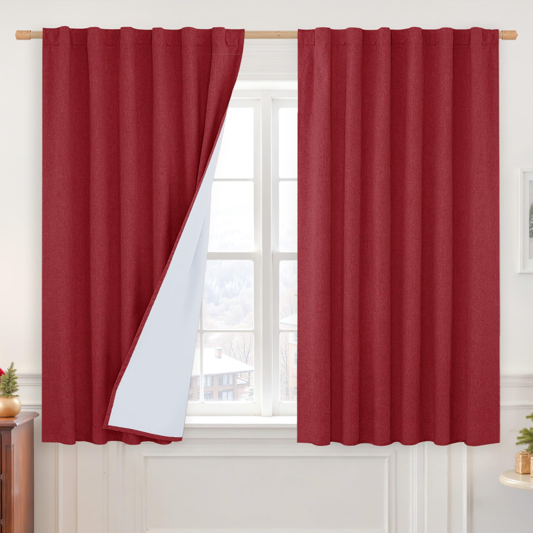 LAMIT Red 100% Blackout Window Curtains for Bedroom, 45 Inches Linen Textured Thermal Christmas Decor Drapes Back Tab and Rod Po