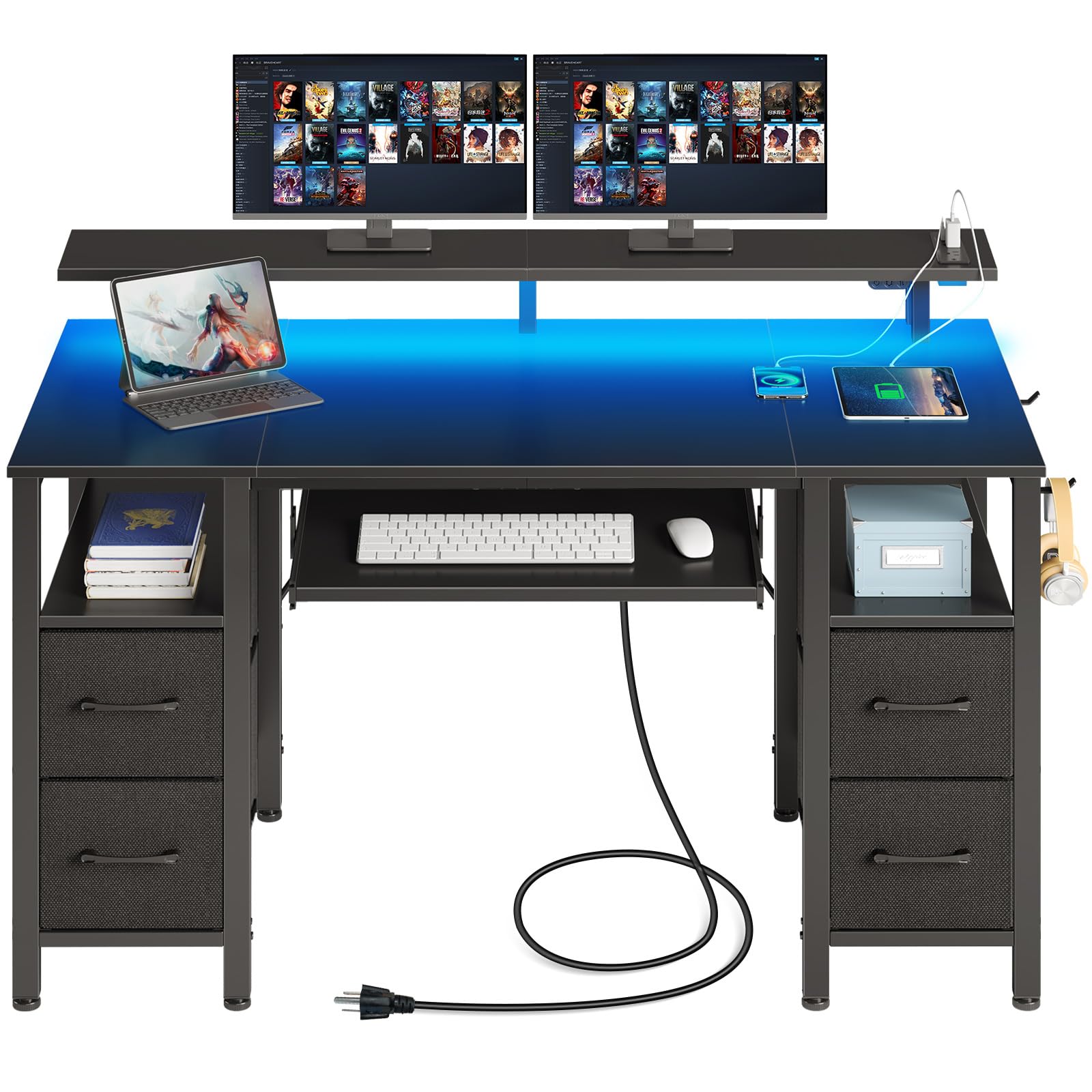 Seventable Computer Desk 47.2' With Led Lights & Power Outlets, Home Office Desk With 4 Drawers, Writing Desk With Keyboard Tray, Study D Esk With Monitor Stand, Work For Home Office, Black