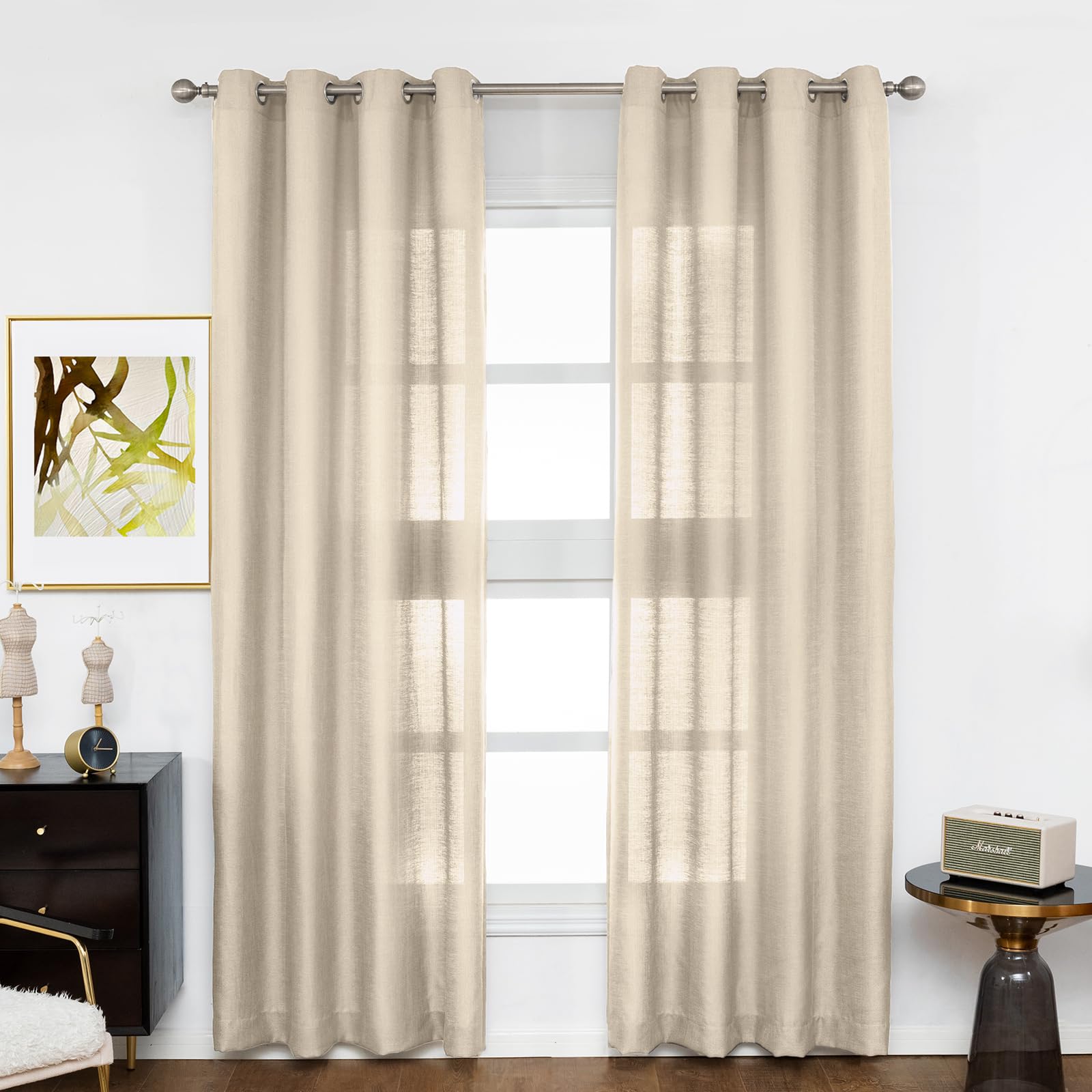 Melodieux Tan Semi Sheer Curtains 63 Inch Length For Living Room, Linen Rustic Bedroom Privacy Window Grommet Sheer Drapes, 52 B