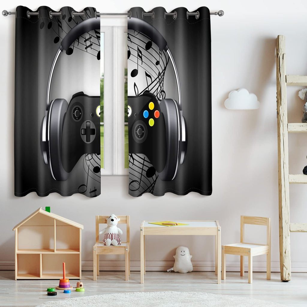 Jekeno Game Controller Blackout Curtains For Kids Boys Bedroom Black Grey Headphones Musical Notes Gamer Gaming Video Games Game