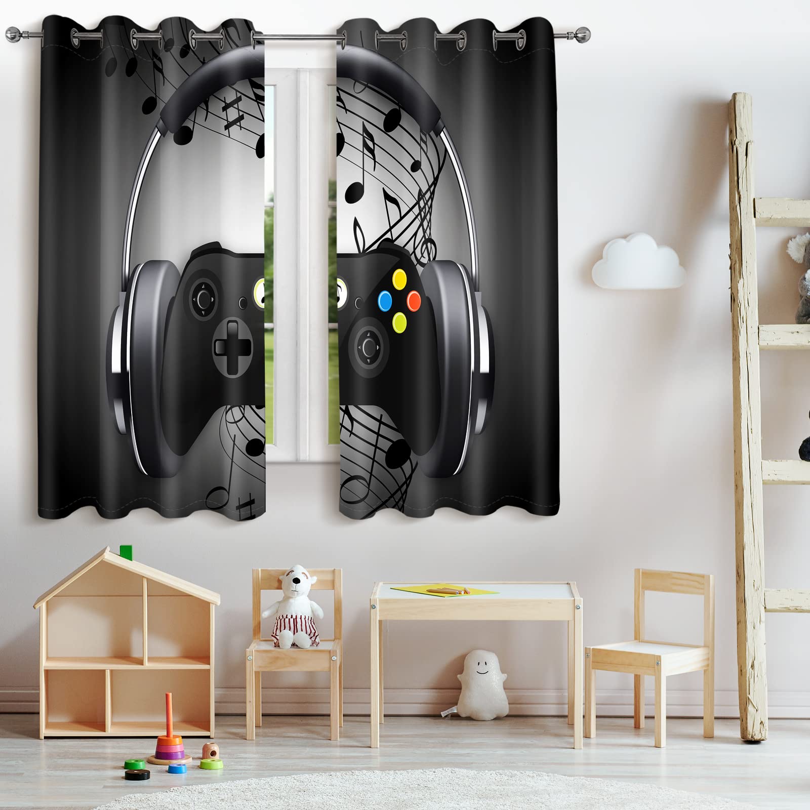 Jekeno Game Controller Blackout Curtains For Kids Boys Bedroom Black Grey Headphones Musical Notes Gamer Gaming Video Games Game