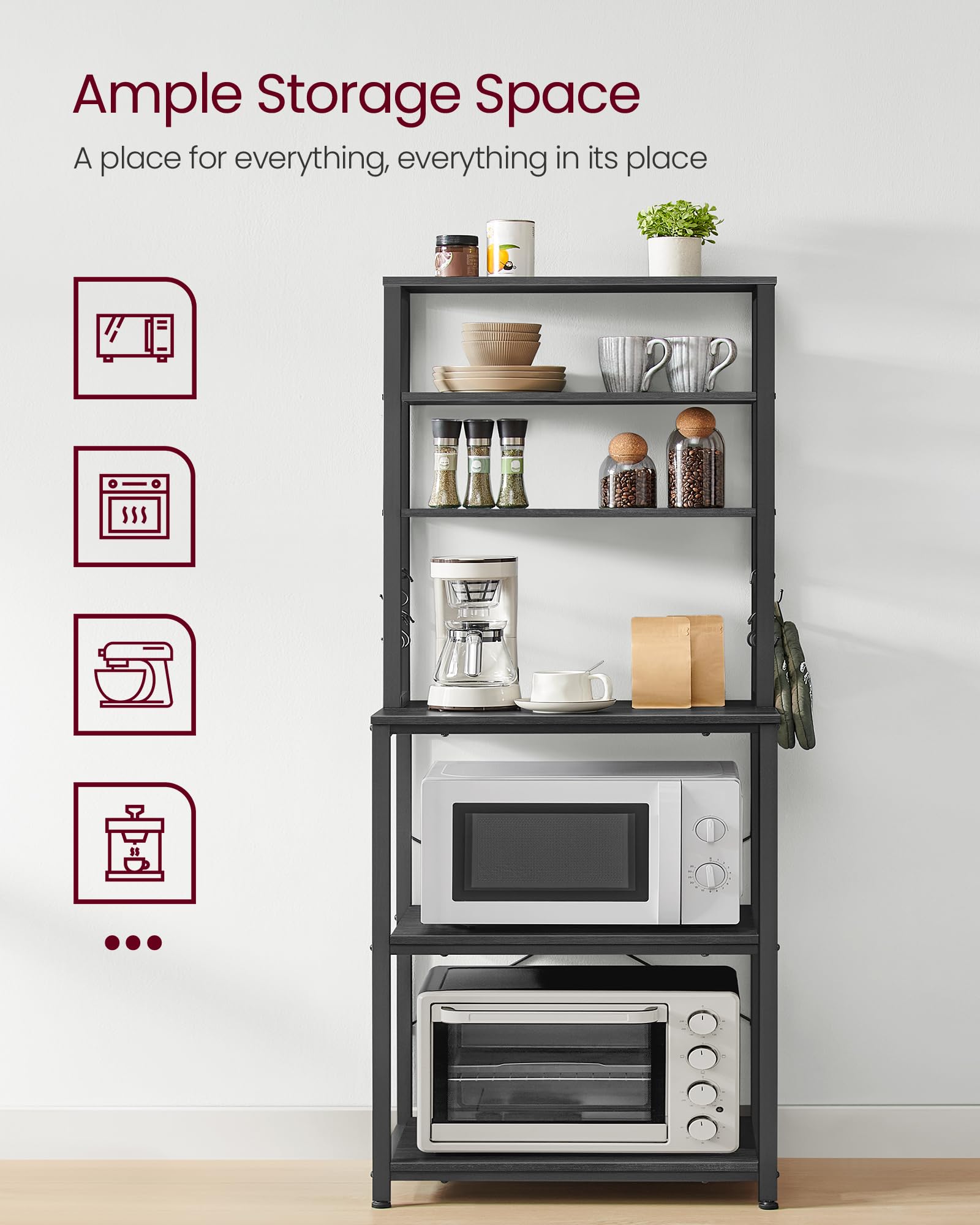 Vasagle Coffee Bar, Baker’S Rack For Kitchen With Storage, 6-Tier Kitchen Shelves With 6 Hooks, Microwave Stand, Industrial, 15.7 X 23.6 X 65.7 Inches, Charcoal Gray And Black Ukks024B22