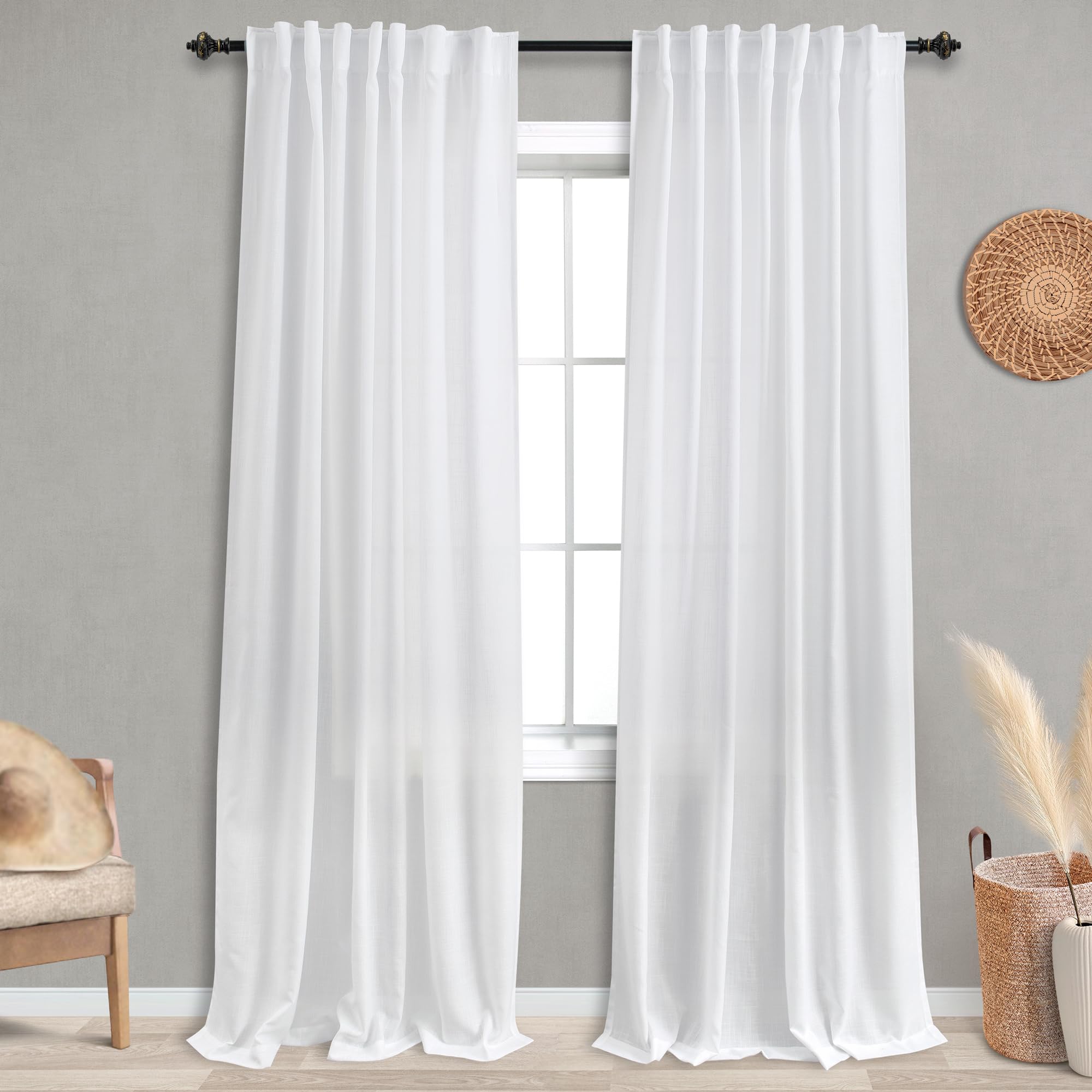 Koufall 90 Inch Curtains For Living Room,Sheer White Long Light Filtering Semi Privacy Linen Curtain Drapes For Bedroom,90 In Le