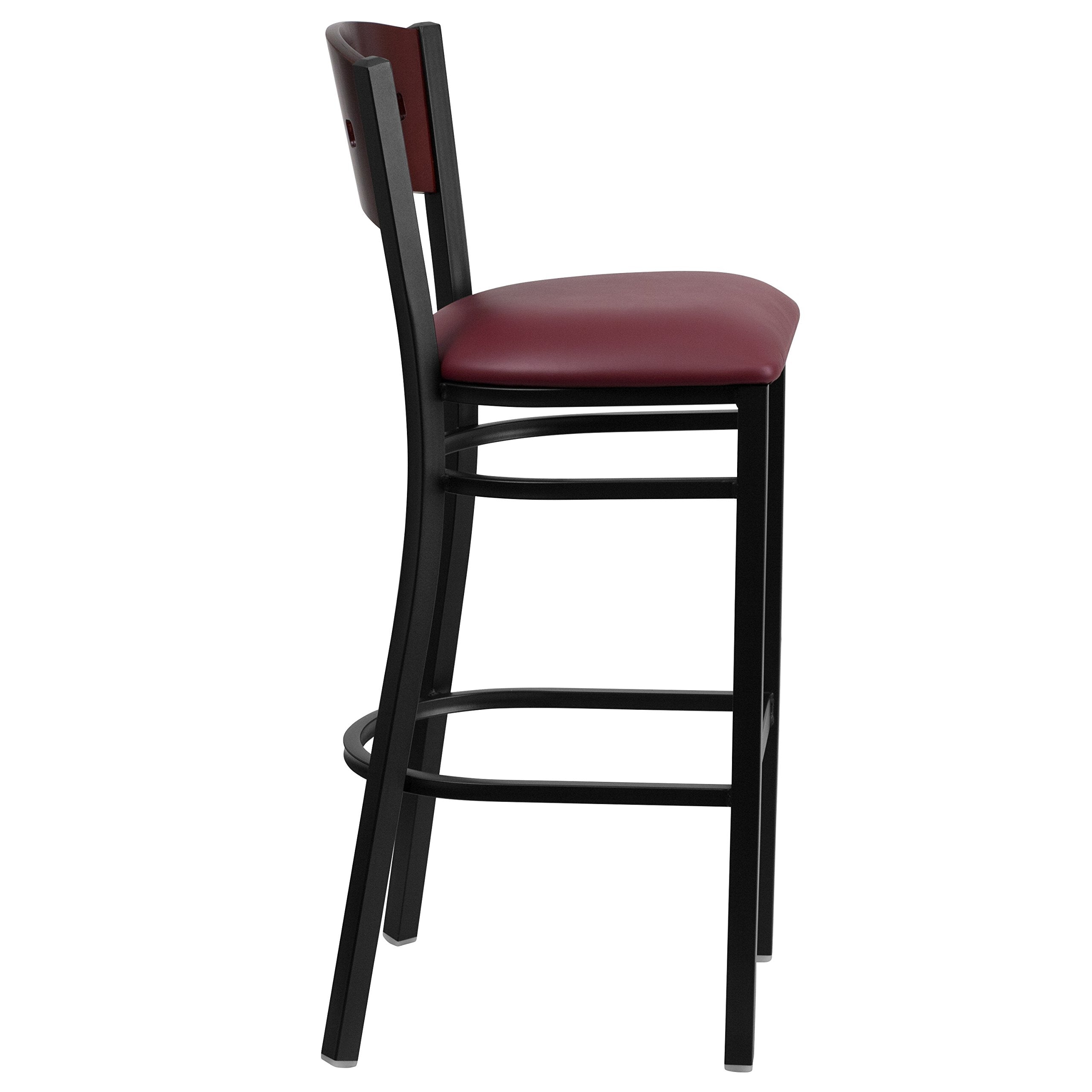 Flash Furniture HERCULES Series Black 4 Square Back Metal Restaurant Barstool - Mahogany Wood Back, Burgundy Vinyl Seat