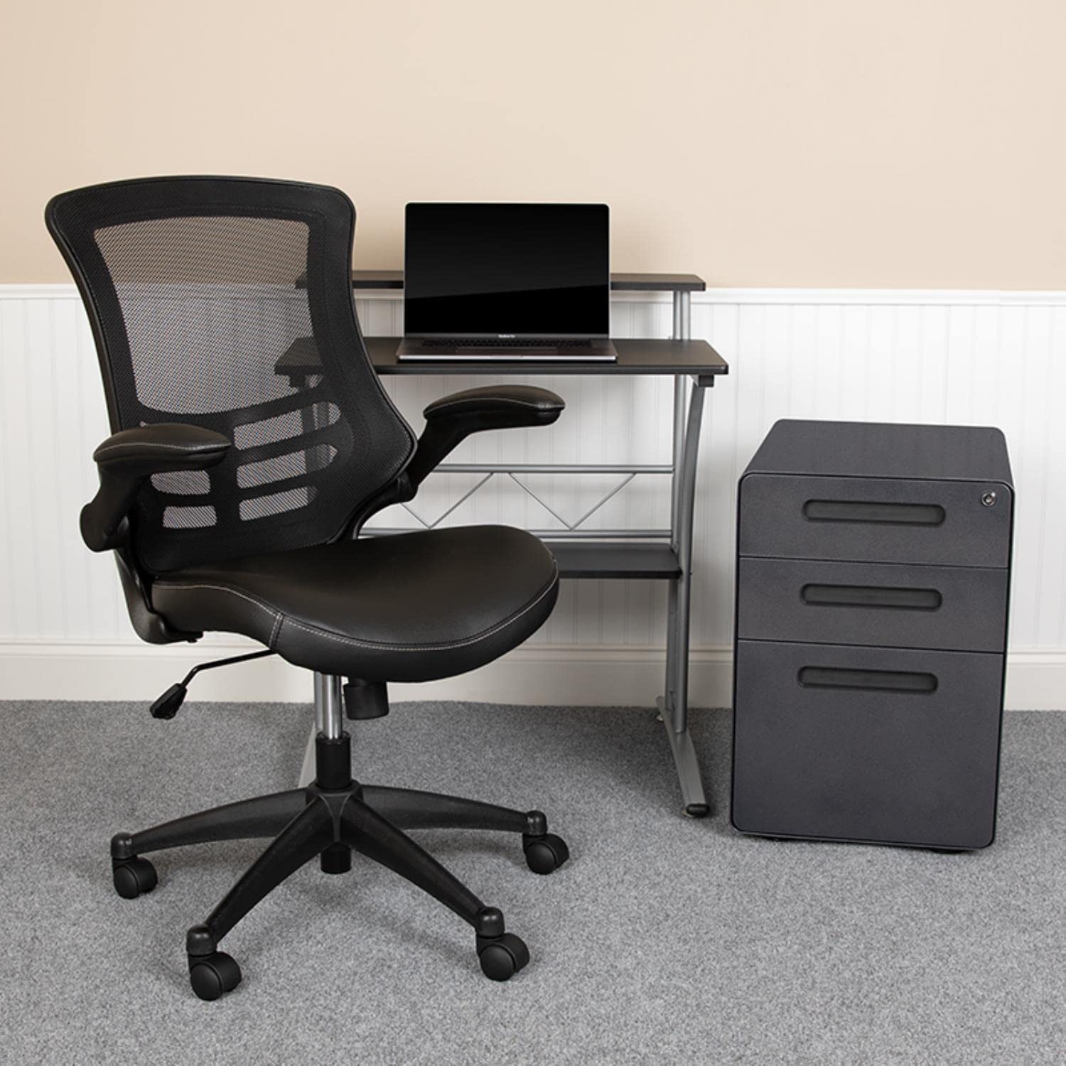 Flash Furniture Work From Home Kit - Black Computer Desk, Ergonomic Mesh/Leathersoft Office Chair And Locking Mobile Filing Cabinet