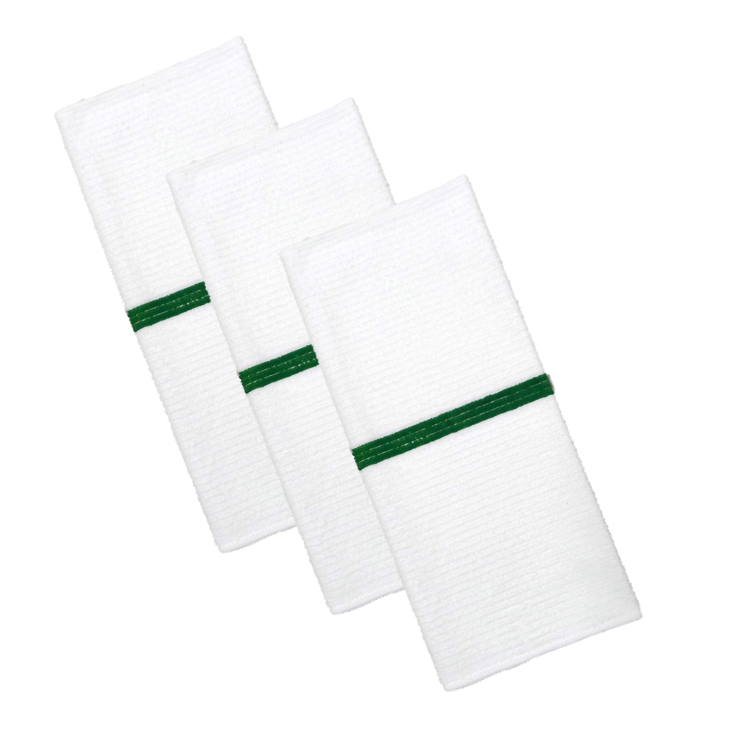 POLYTE Microfiber Bar Mop Towels White w/Green Stripe 14x17 12 Pack