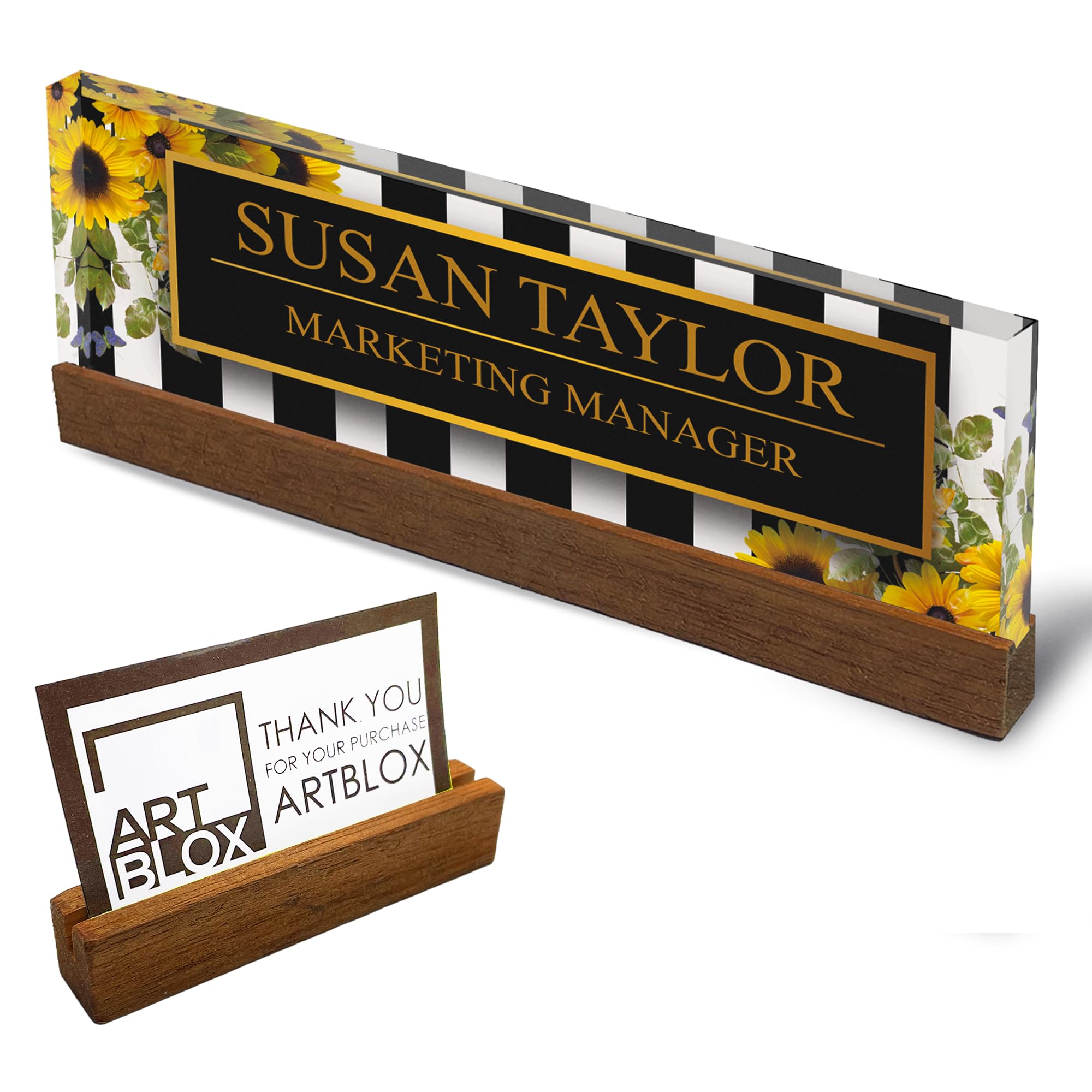 Artblox Office Personalized Name Plate For Desk With Business Card Holder On Clear Acrylic Glass Sunflower Flowers Design Custom