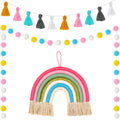Boao 3 Pcs Pom Pom Garland Boho Rainbow Macrame Wall Hanging Rainbow Tassel Banner Garland Cotton Ball Decor for Home Party Show