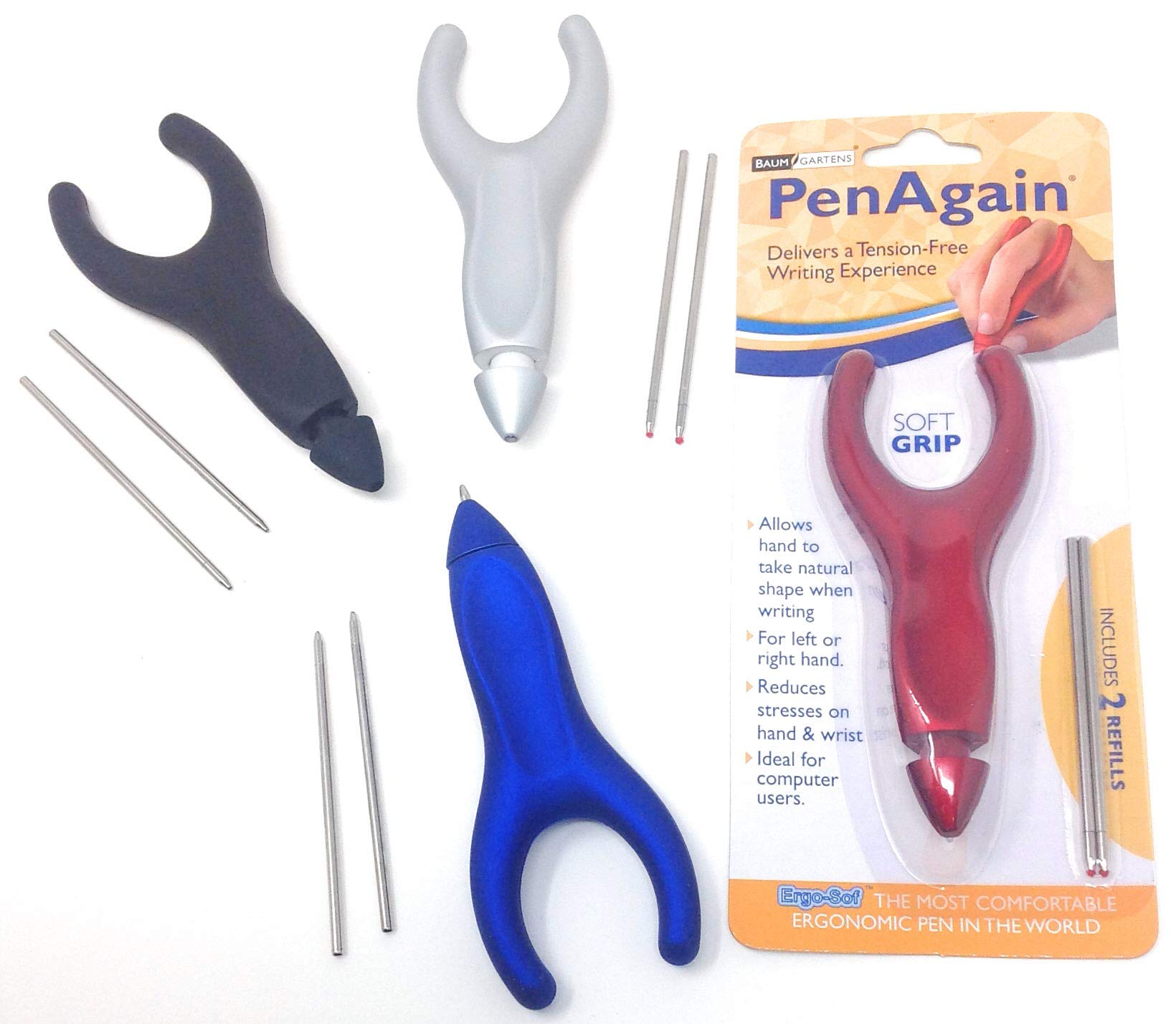 Penagain Ergosof, Ballpoint Pen, Set Of 4 Colors: Black, Silver, Red And Blue (Individually Packaged With Two Refills Per Pen) (