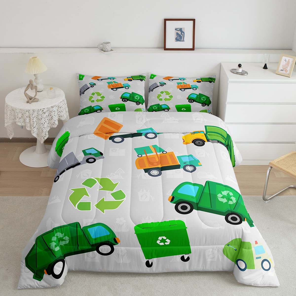 Feelyou Green Garbage Truck Toddler Size Bedding Set Cartoon Trash Truck Comforter Set For Kids Boys Girls Teens Green Vehicle C