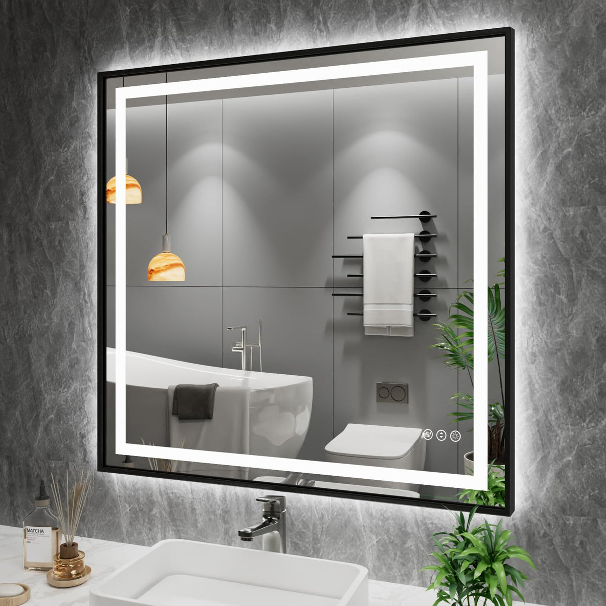 Amorho 40''x 38'' Black LED Mirror for Bathroom, Front Light and Backlit Framed Mirror, Stepless Dimmable, Anti-Fog, Shatter-Pro