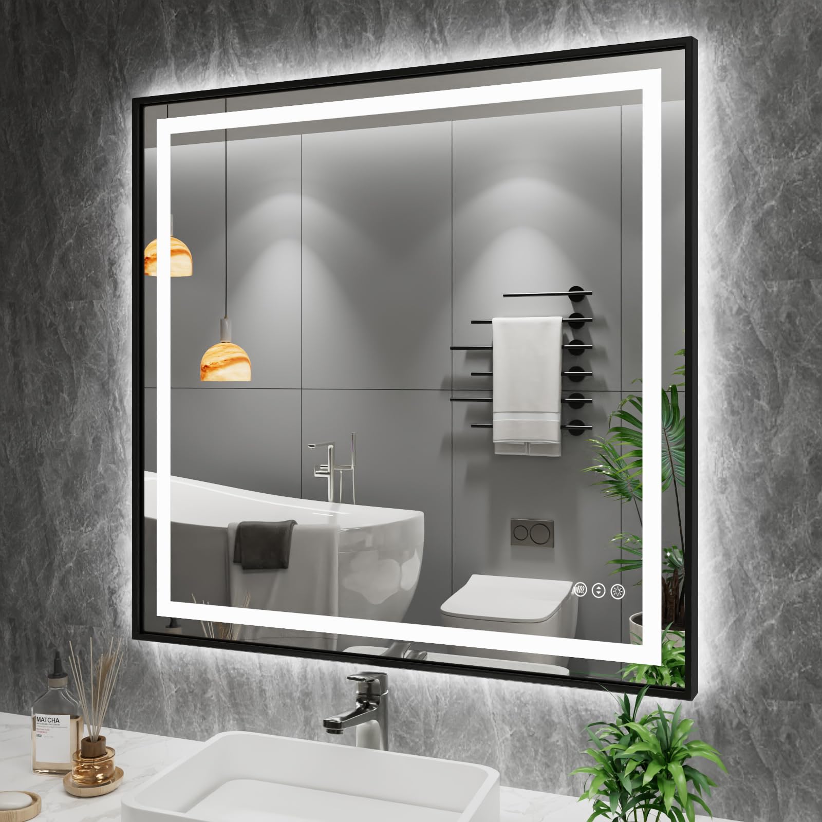 Amorho 40''x 38'' Black LED Mirror for Bathroom, Front Light and Backlit Framed Mirror, Stepless Dimmable, Anti-Fog, Shatter-Pro