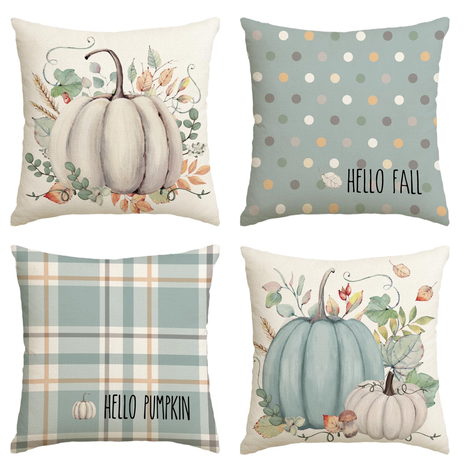 Avoin Colorlife Hello Fall Hello Pumpkin Throw Pillow Covers, 18 X 18 Inch Autumn Thanksgiving Harvest Aqua Eucalyptus Decoratio