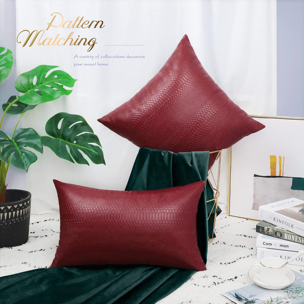 Brawarm Deep Red Leather Throw Pillows 16 X 16 Inches, Snake Leather Pillow Covers Pack Of 2, Faux Leather Decorative Pillow Cov