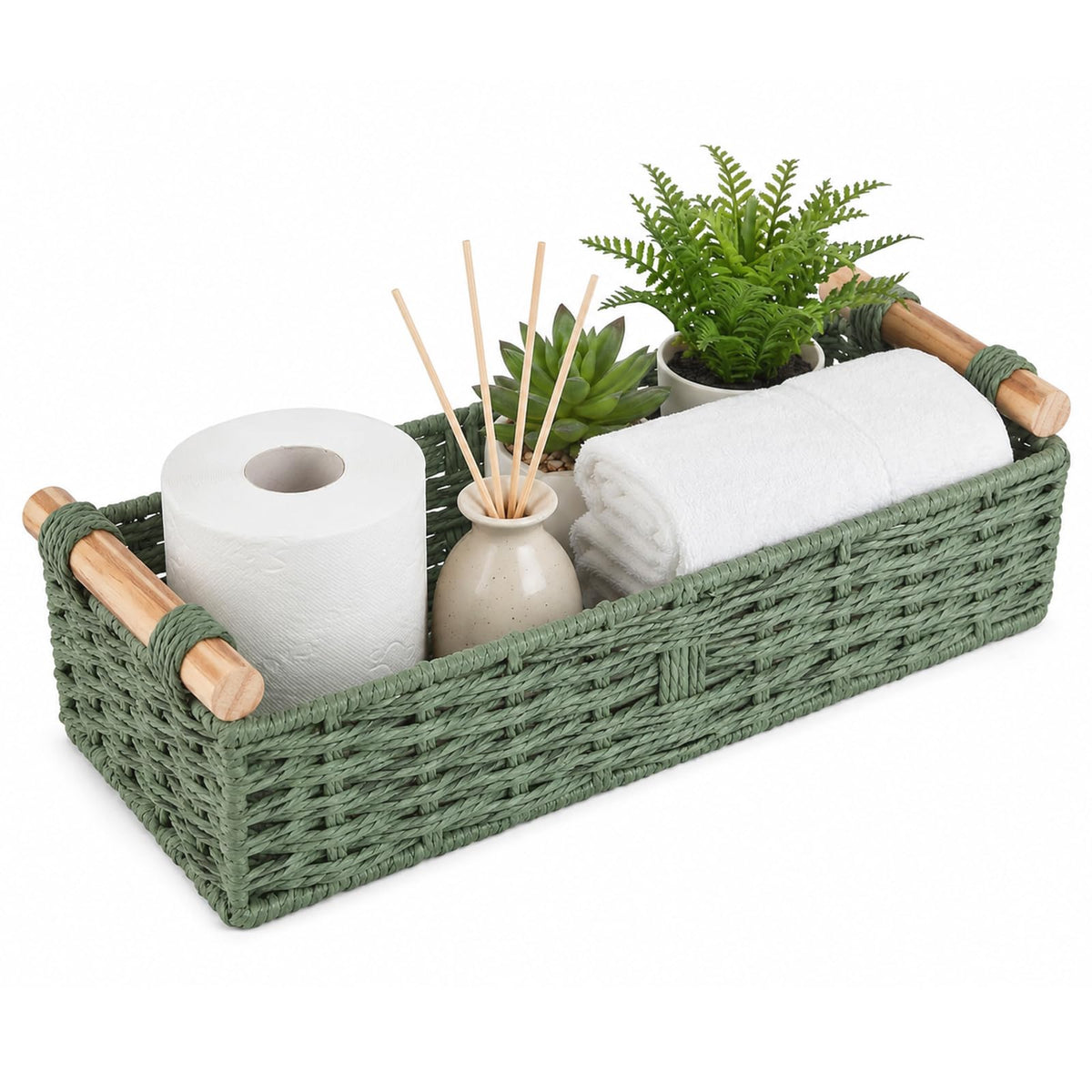 Sage Green Woven Bathroom Basket with Handles for Toilet Paper Storage