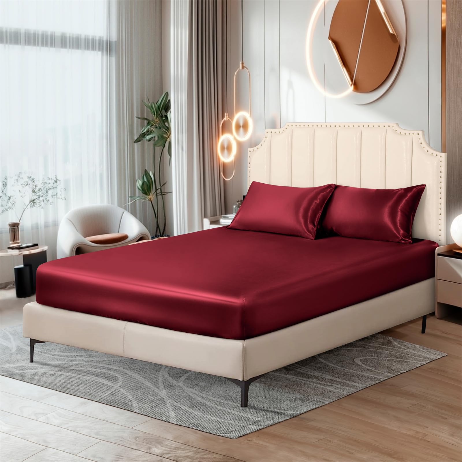 Ersmak Silk Satin Fitted Sheet, Soft Deep Pocket Bottom Luxury Full Fitted Sheet, Wrinkle Free, Breathable, Fade Resistant - Bur