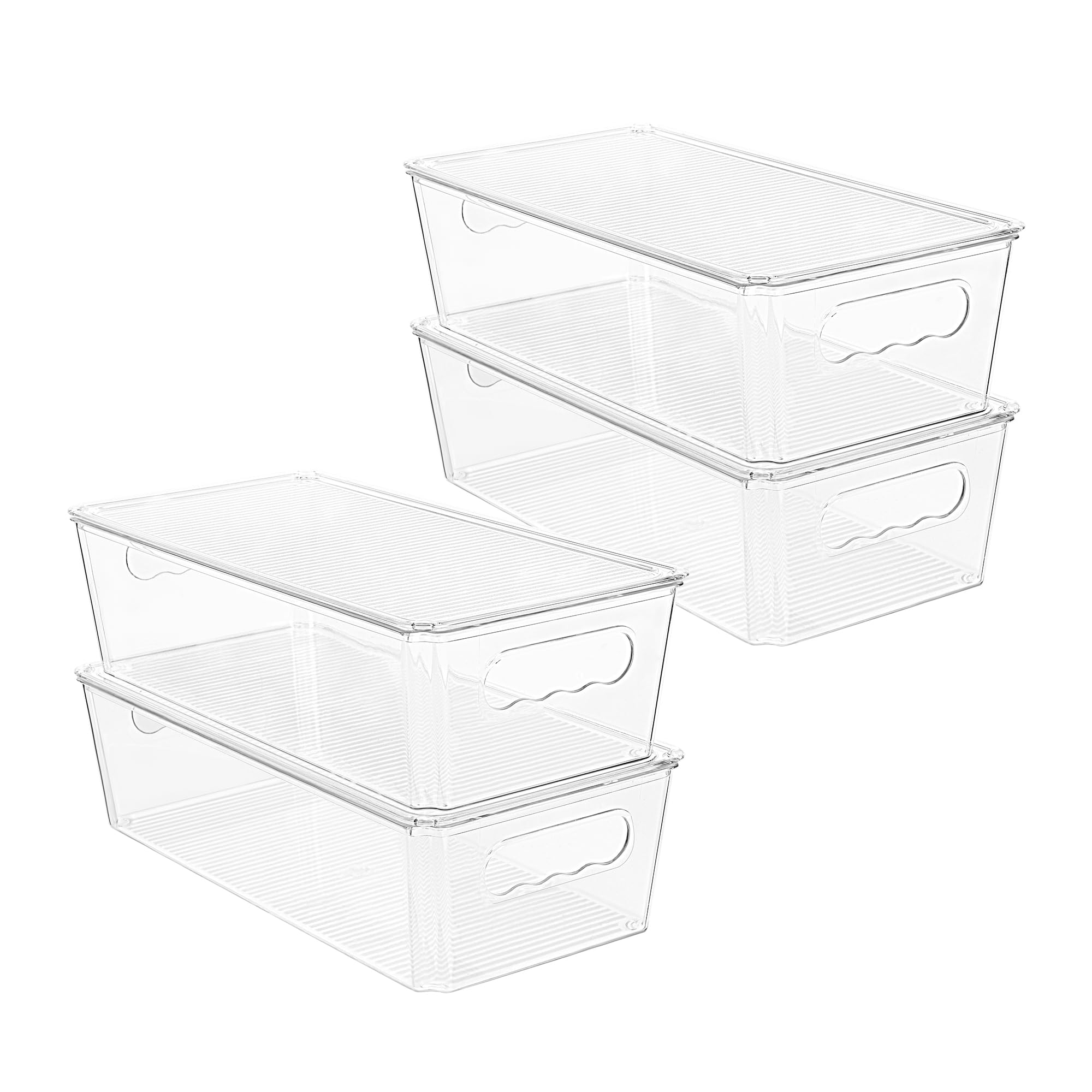 Vtopmart 4pcs Clear Organizers and Storage Bins with Lids, Stackable Plastic Storage Containers with Handles for Fridge, Freezer