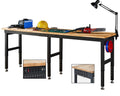 Albott 96x24 Adjustable Workbench, 28.7-38.6 Height, Rubber Wood Top, Heavy-Duty Design with Power Outlets & Hooks, 5000 LB Capa