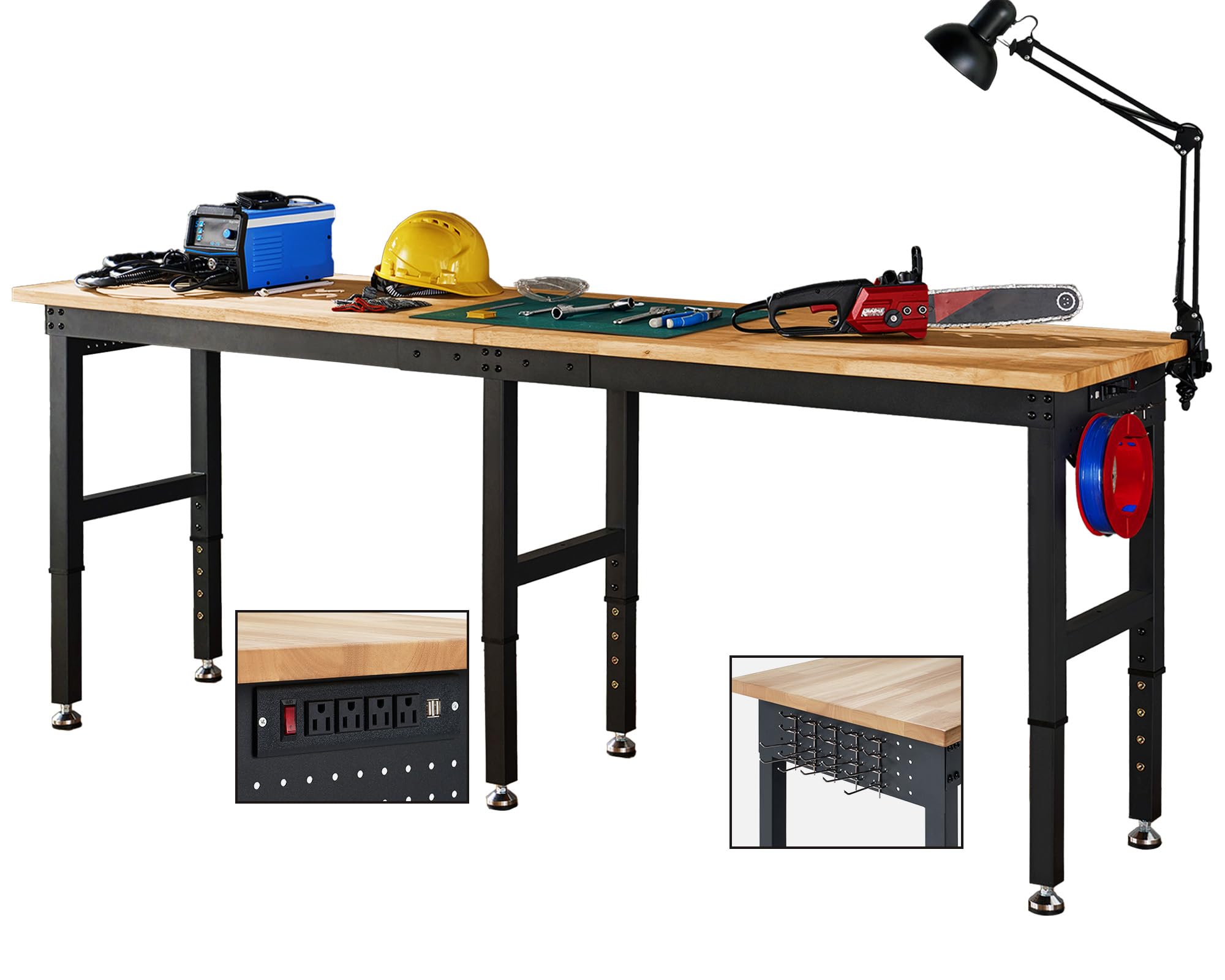 Albott 96x24 Adjustable Workbench, 28.7-38.6 Height, Rubber Wood Top, Heavy-Duty Design with Power Outlets & Hooks, 5000 LB Capa