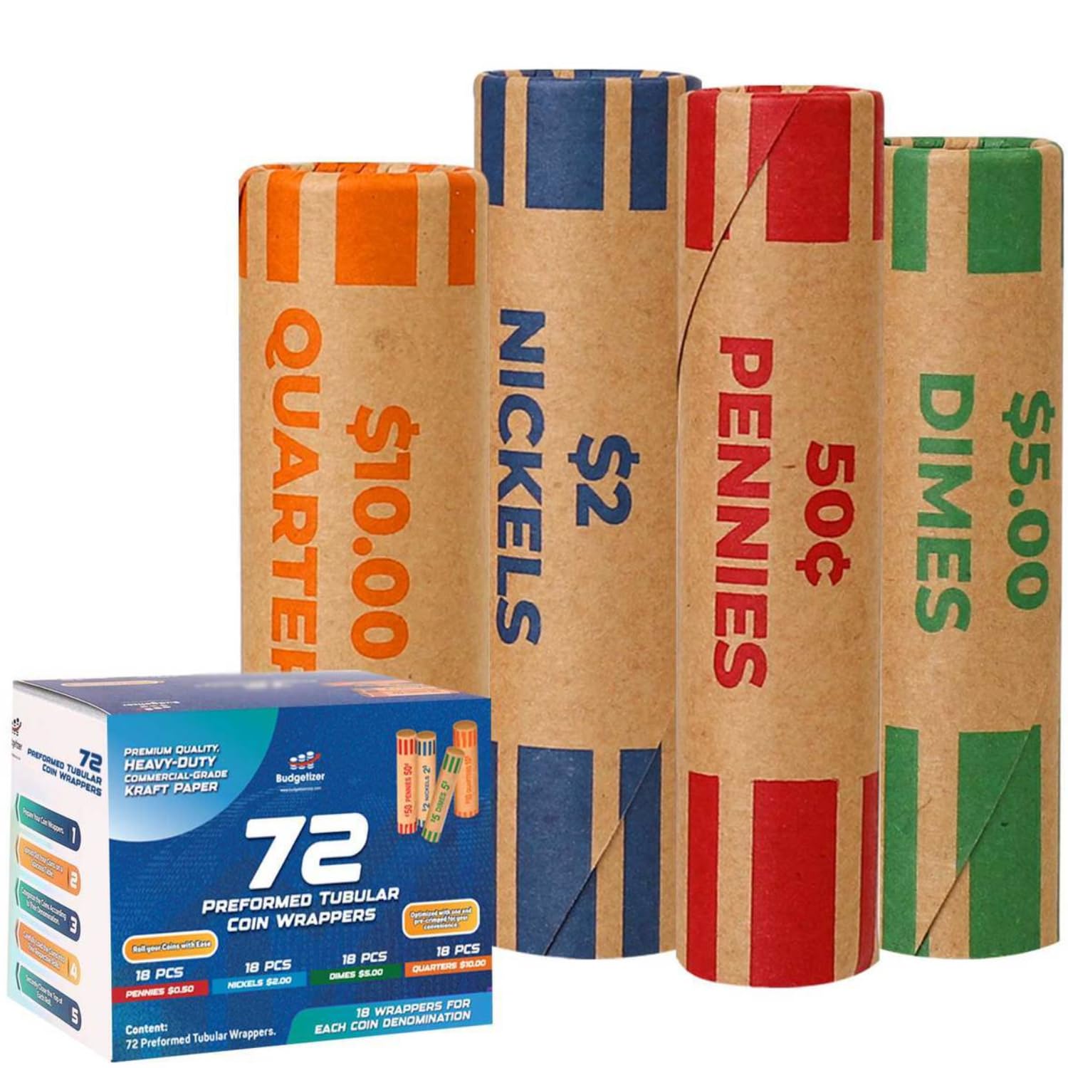 Budgetizer 72 Premium Assorted Preformed Coin Wrappers For All Coins- Aba Standard Coin Rolls Wrappers For Quarters, Pennies, Ni