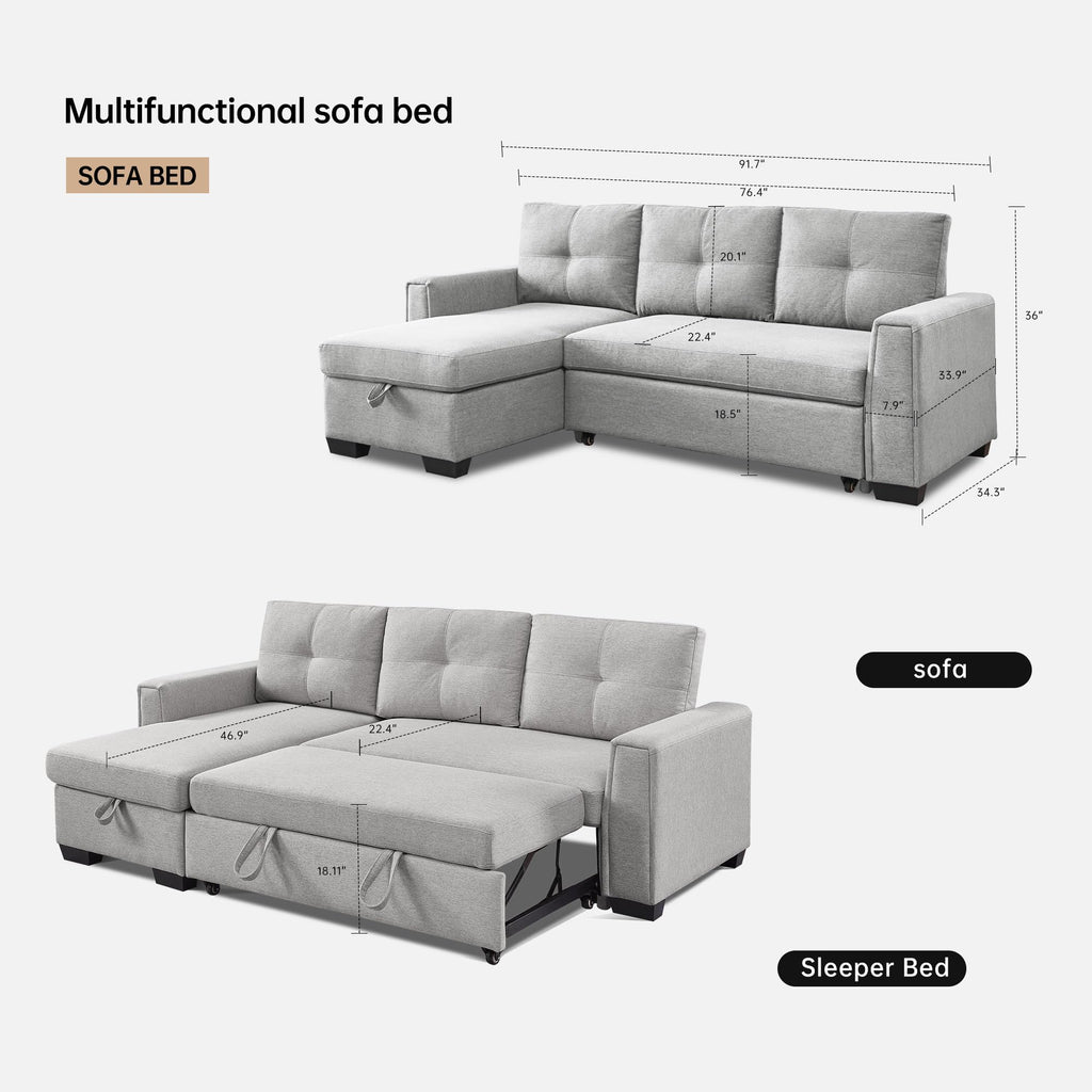 American Furniture Classics Light Grey Tufted Sectional Chaise Sofa Sleeper with Storage, 92" x 59" x 36"