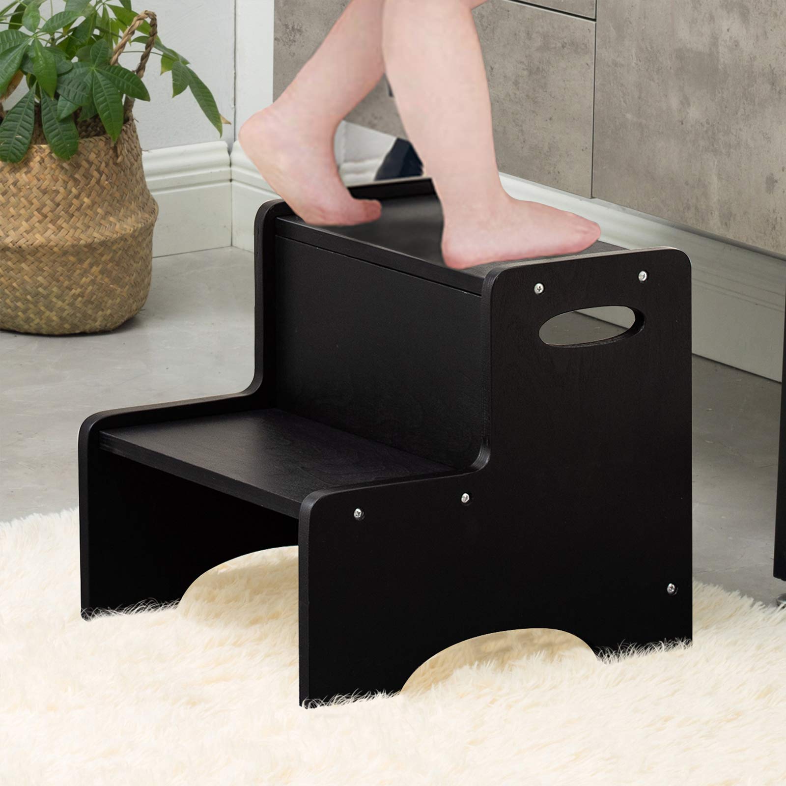 WOOD CITY Step Stool for Kids, Wooden Toddler Step Stool with Safety Non-Slip Mats and Handles, 2 Step Stool for Kitchen, Bathro