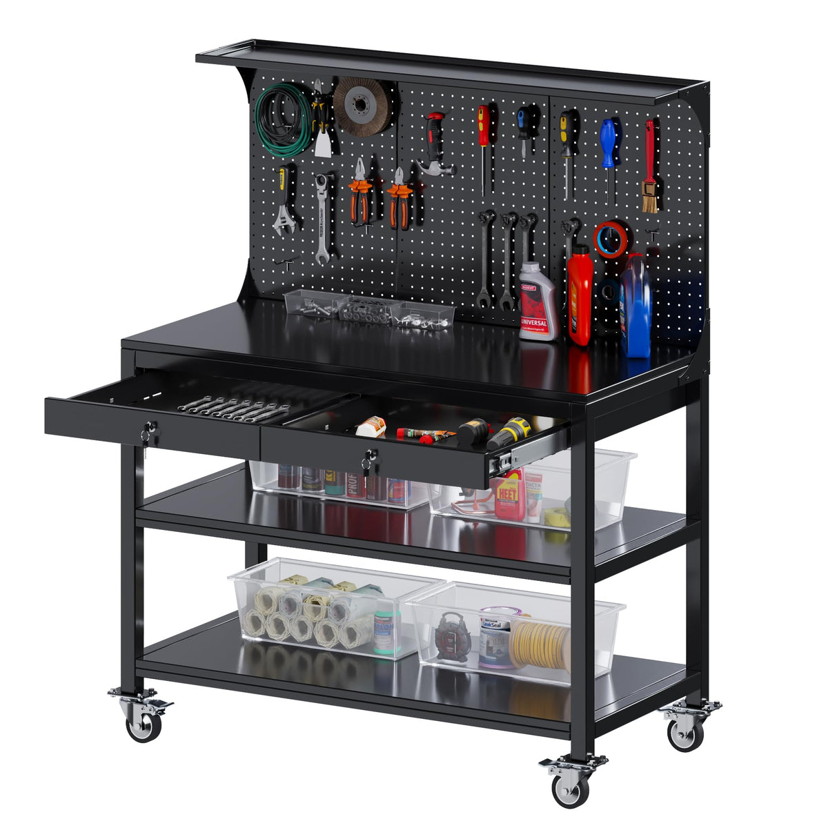 Nicomow Workbench With Drawers,Heavy-Duty Steel Garage Workbench With Pegboard Shelves,Tool Bench With Wheels,Garage Workbench W