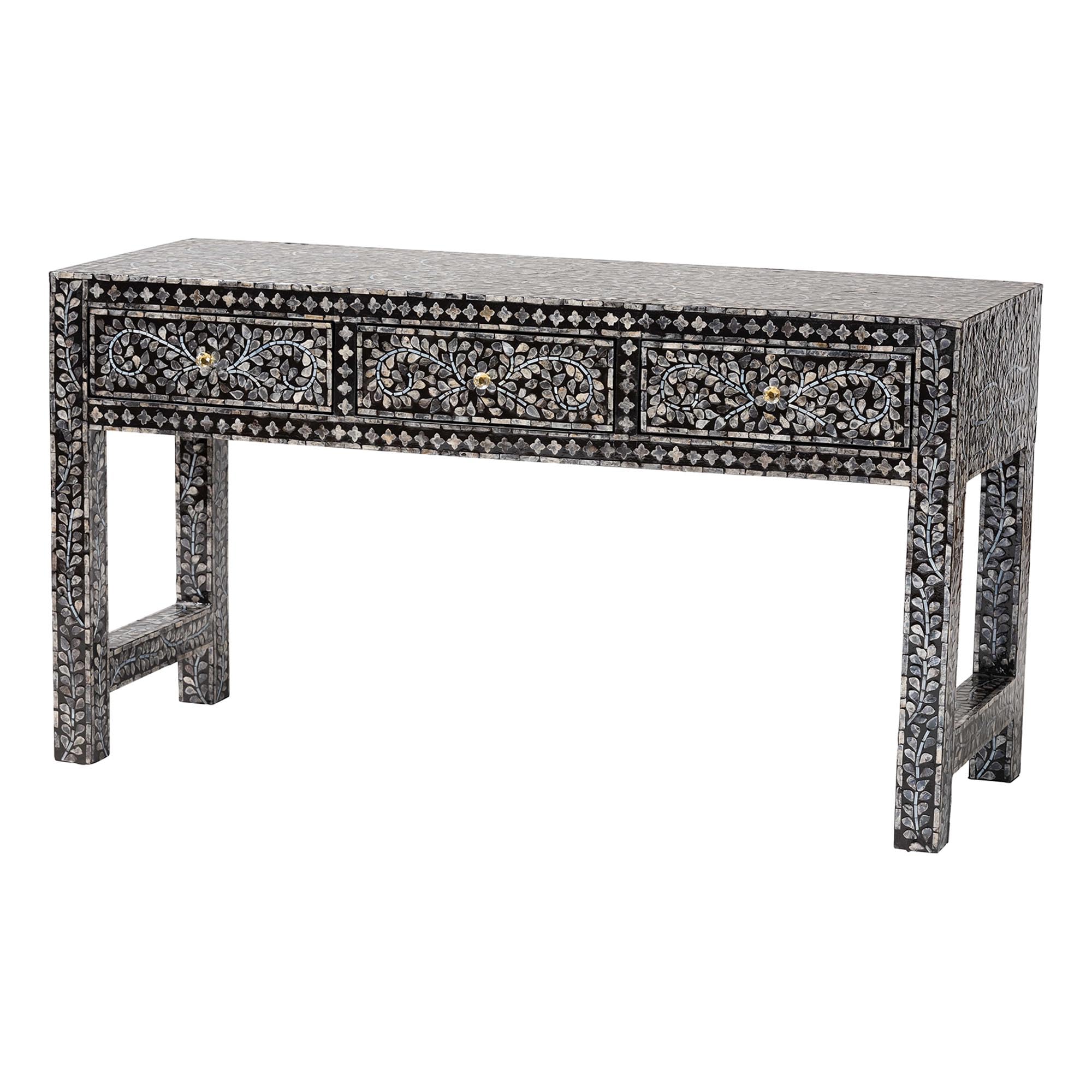 bali & pari Elara Black and White Capiz Shell 3-Drawer Console Table