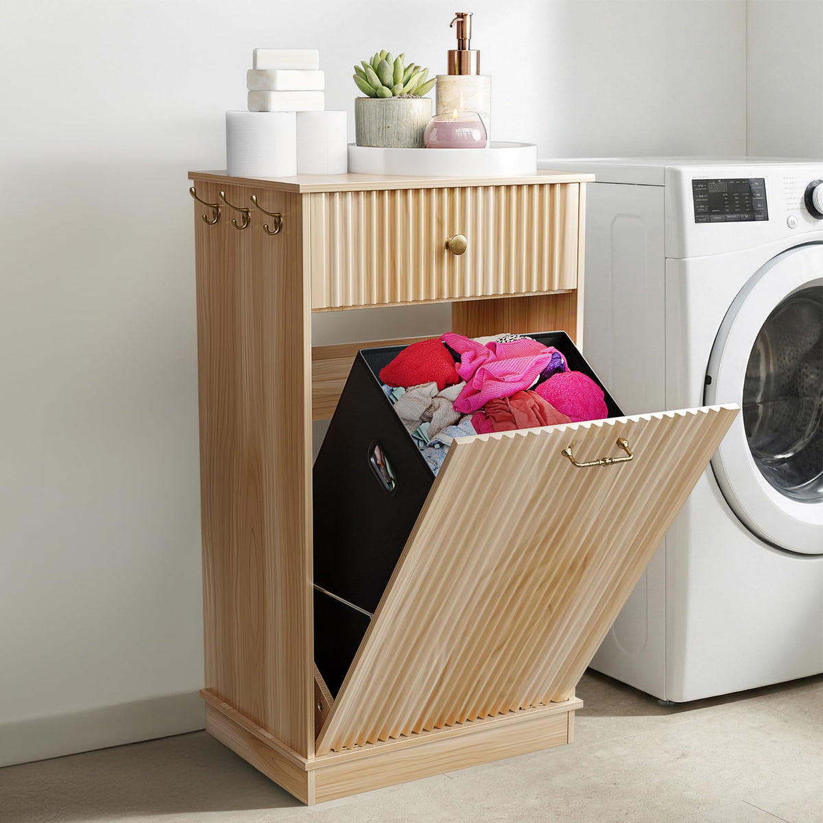ZenFold Tilt Out Laundry Hamper Cabinet  Free Standing Laundry Cabinet and Storage w/Side Hooks  Versatile Tilt Out Trash Can 