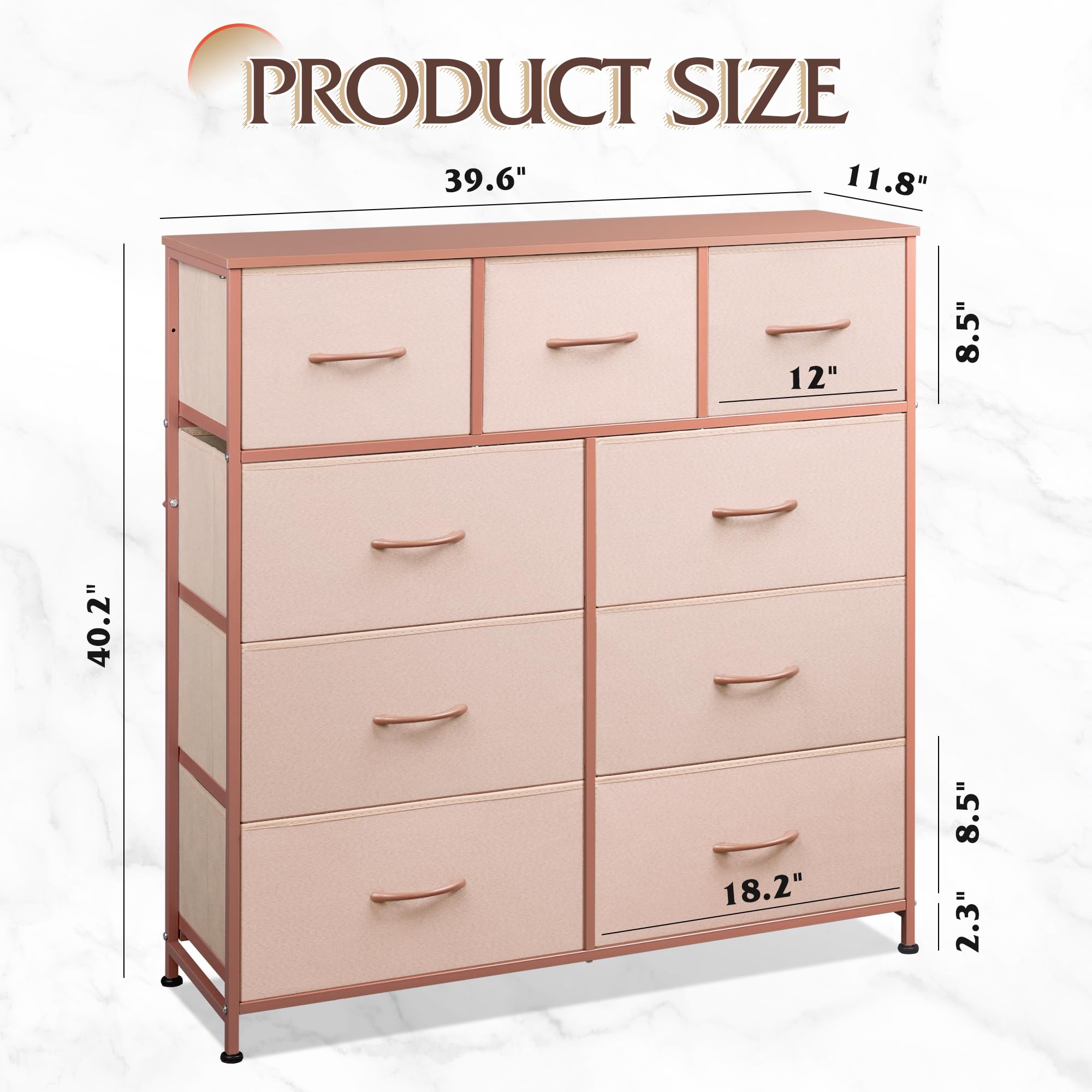Wlive 9-Drawer Dresser, Fabric Storage Tower For Bedroom, Hallway, Entryway, Closet, Tall Chest Organizer Unit With Fabric Bins, Steel Frame, Wood Top, Easy Pull Handle, Pink